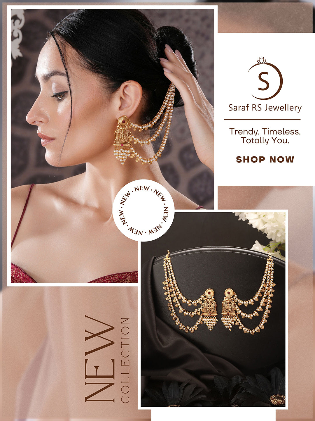 Gold Plated Kemp Stone Studded 3 Layered Pearl Lakshmi ji Design Temple Matil With Earchain Earrings