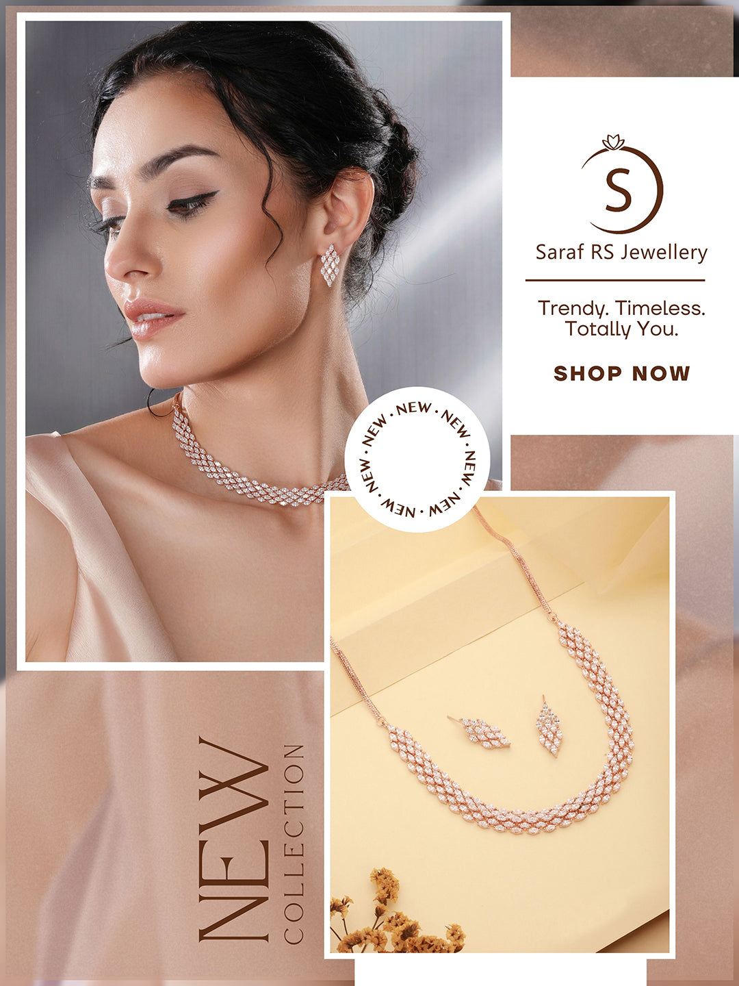 Rose Gold Toned Cubic Zircon Studded Statement Necklace jewellery Set