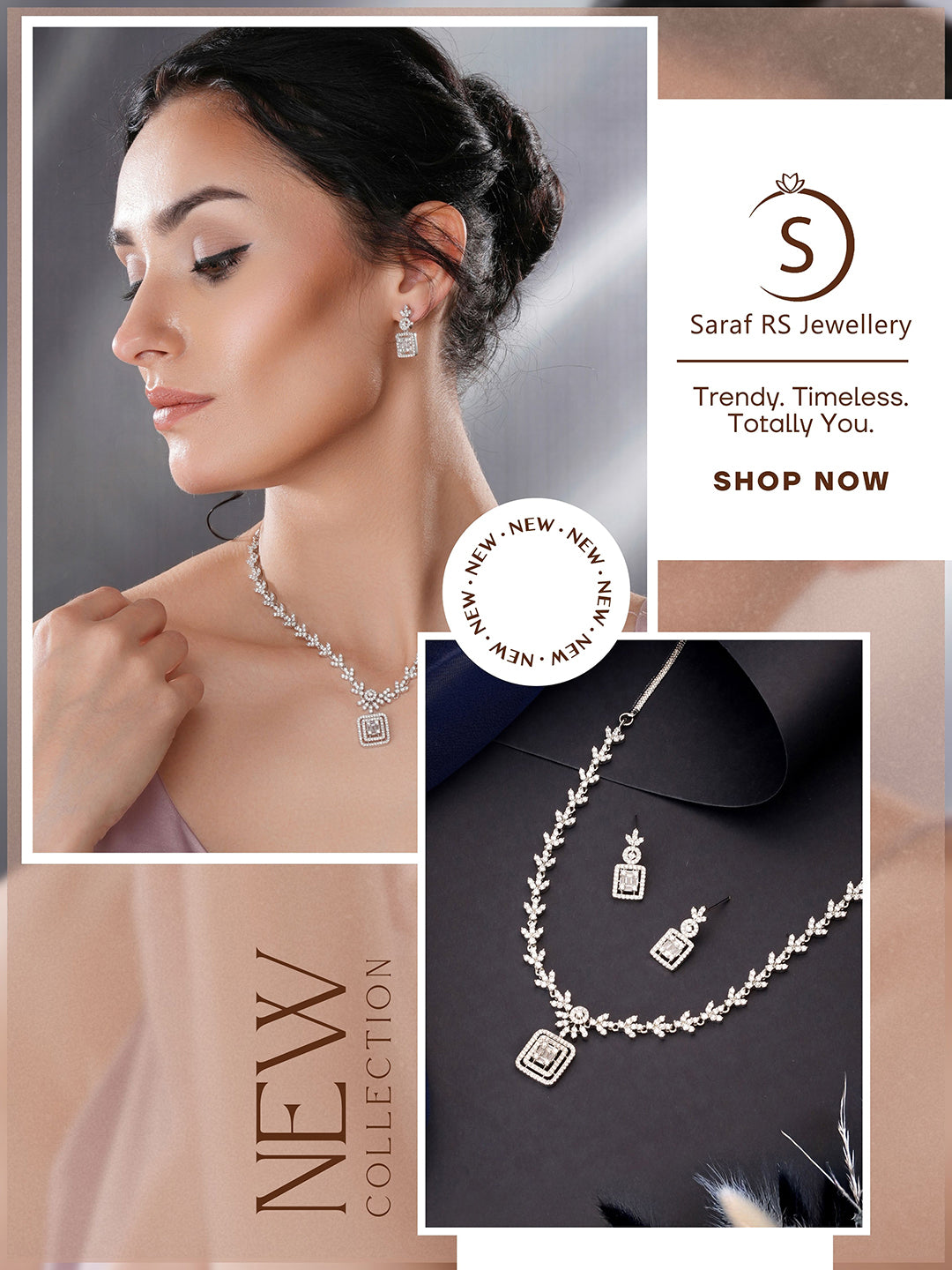 White Rhodium Cubic  Zircon Studded Delicate Square Pendant  Necklace Jewellery  Set