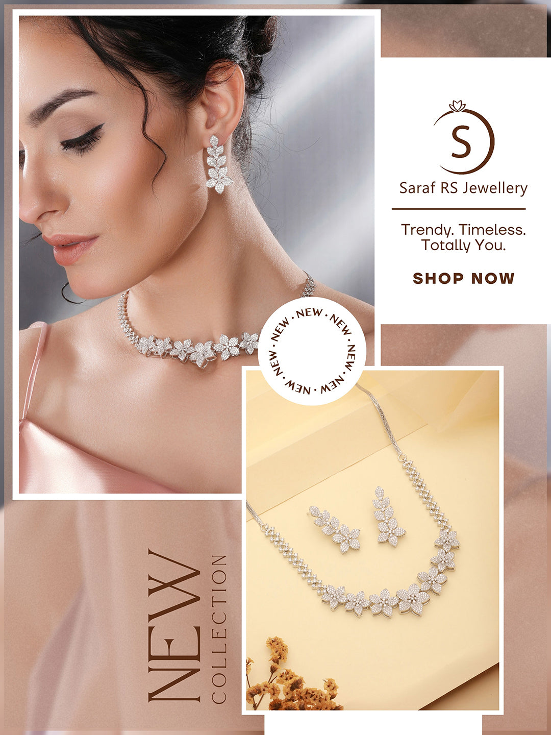 White Rhodium Plated Cubic Zircon Studded Statement Floral Luxe Necklace Jewellery Set