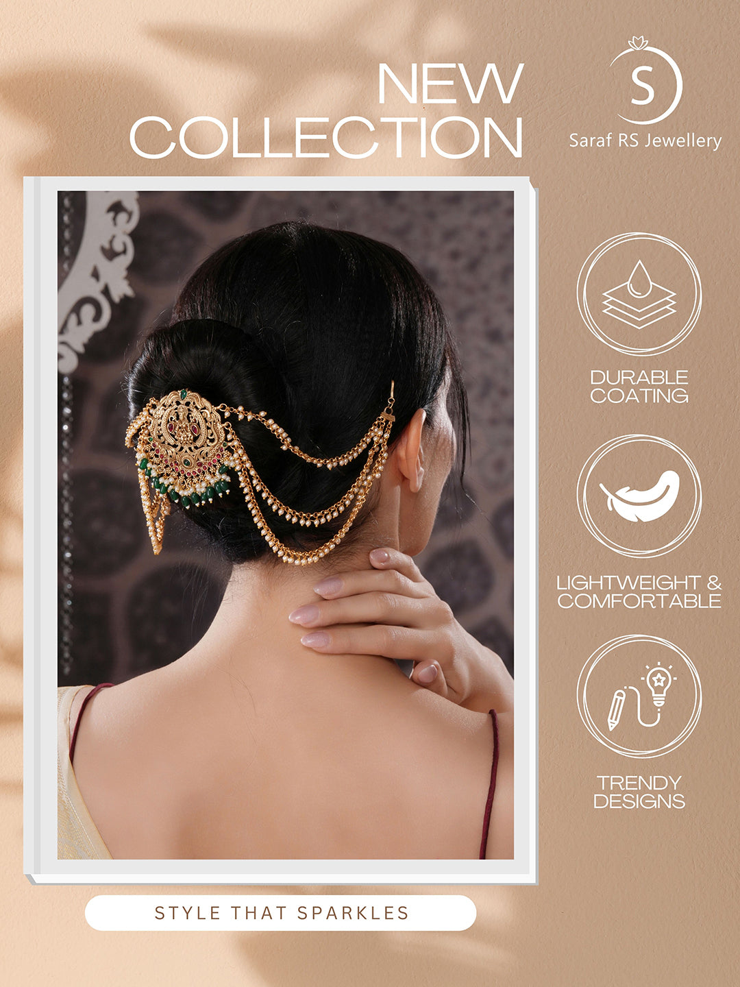 Gold Finish Red  Kempo Studded Goddess Lakshmi  Design Temple Jadai Billa Bridal Hair Braid Matha Patti