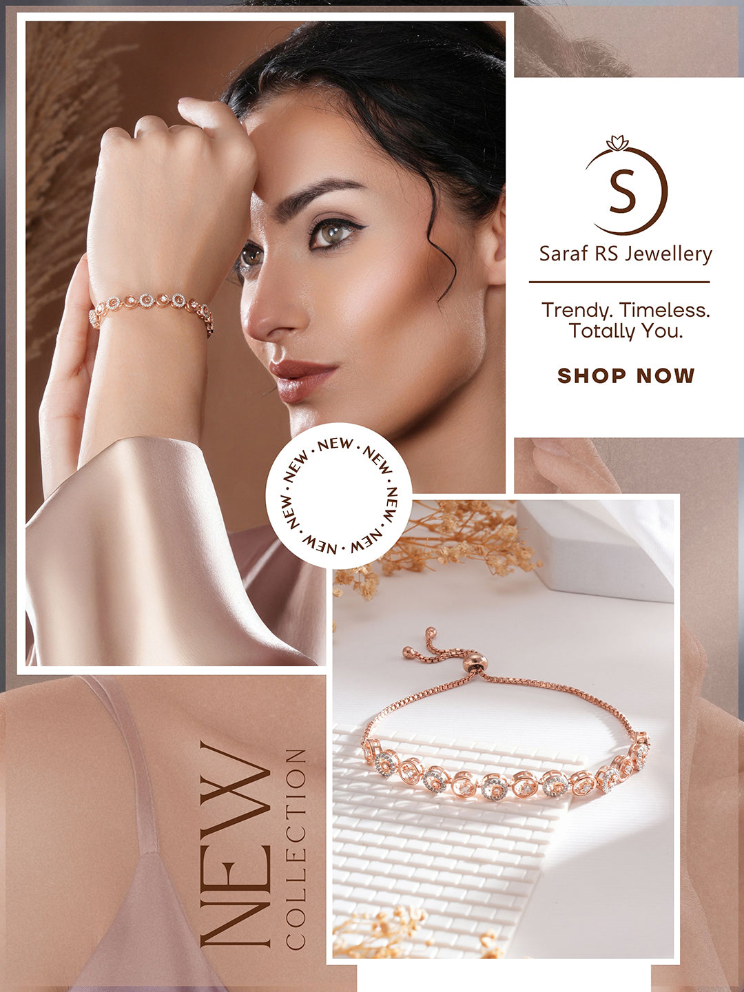 Rose Gold Toned Zircon  Embellished Circular Link  Adjustable Pull Chain Slider Bracelet