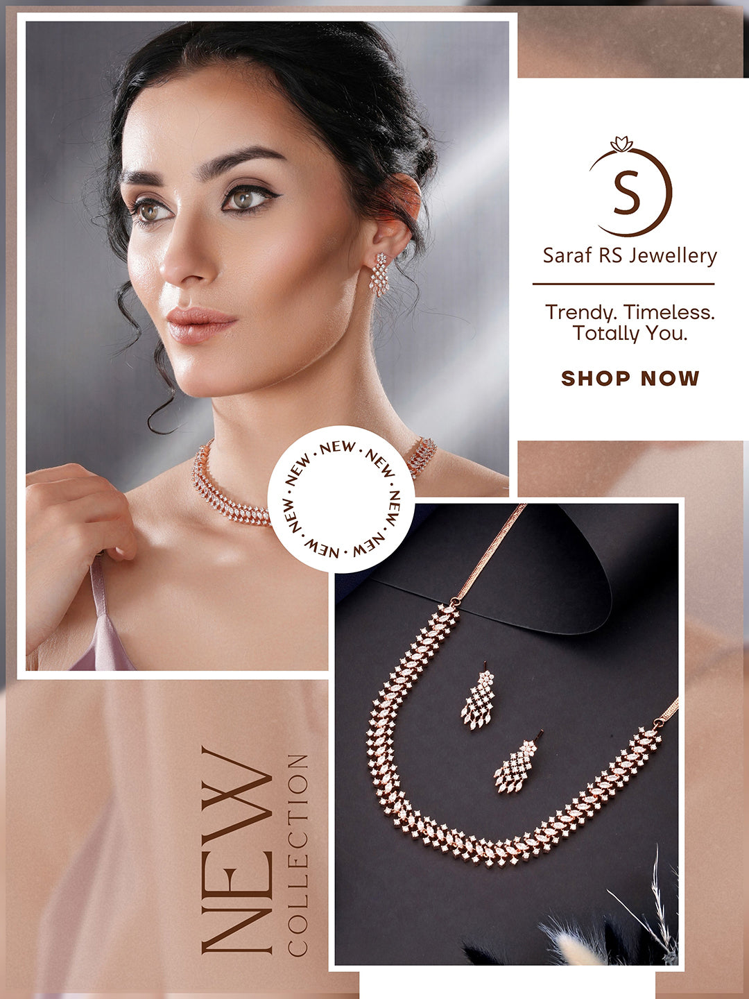 Rose Gold Plated Cubic Zircon Studded Statement Choker Necklace Jewellery Set