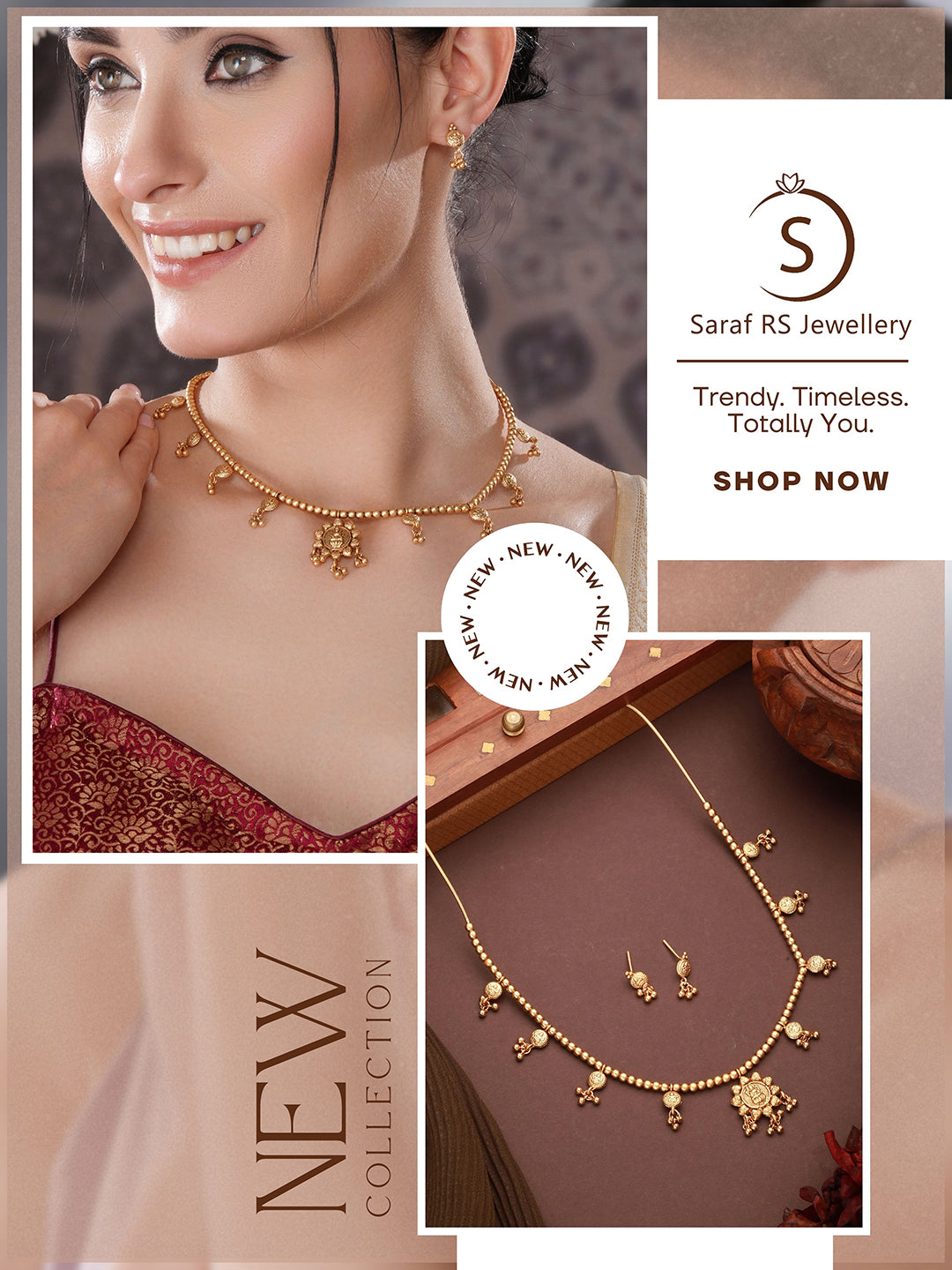 Gold Plated Gold Beads Delicate Temple Goddess Lakshmi Pendant  Minimal Jewellery Set