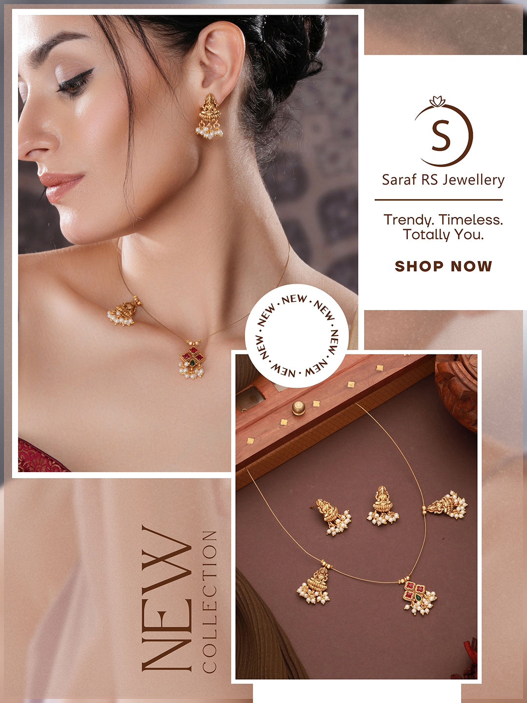 Gold Plated Pearl Beaded Invisible Chain  Temple Goddess Lakshmi Motif Pendant Jewellery Set