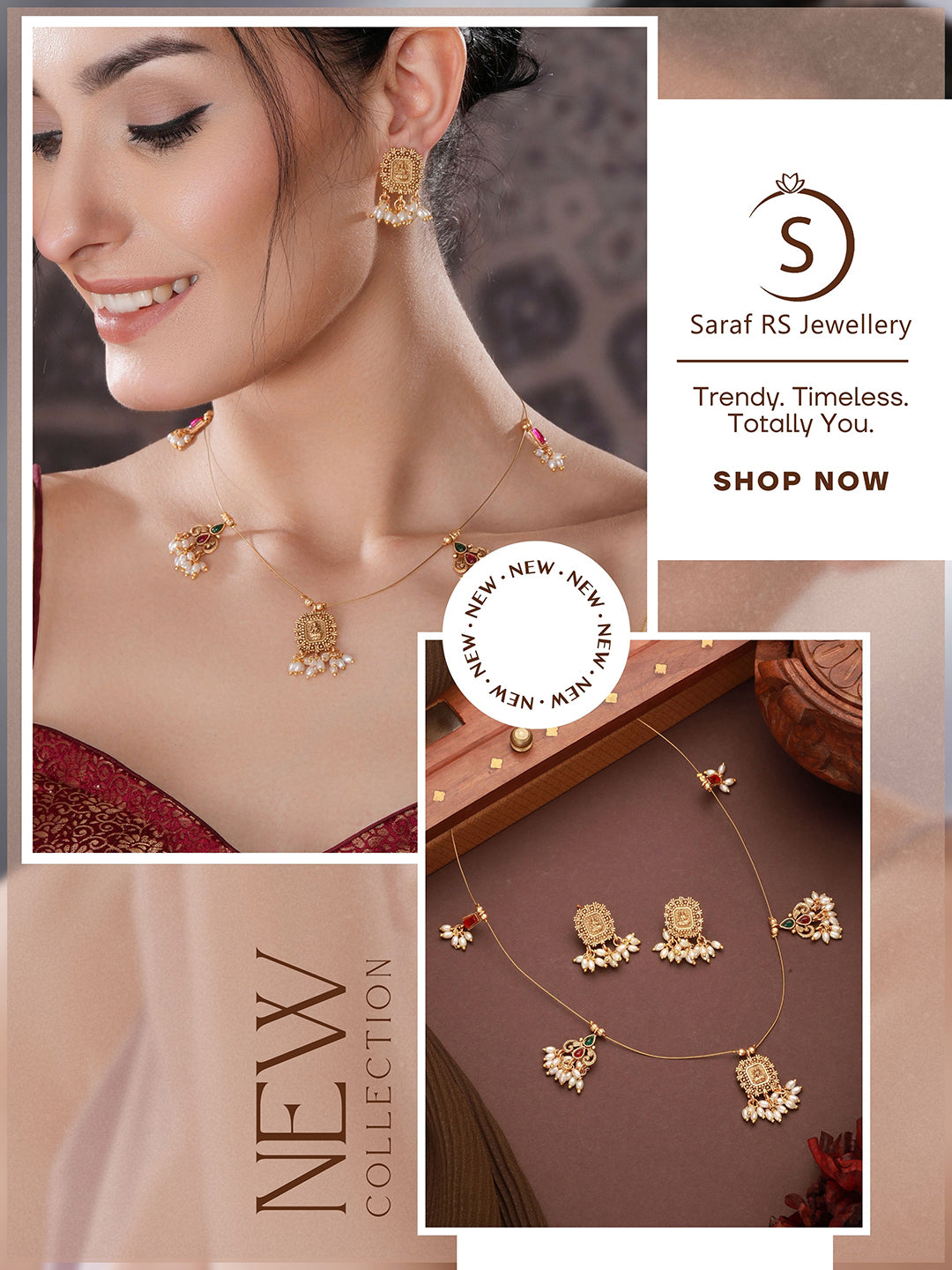 Gold Plated Pearl Beaded Invisible Chain Temple Lakshmi Motif Pendant Jewellery Set