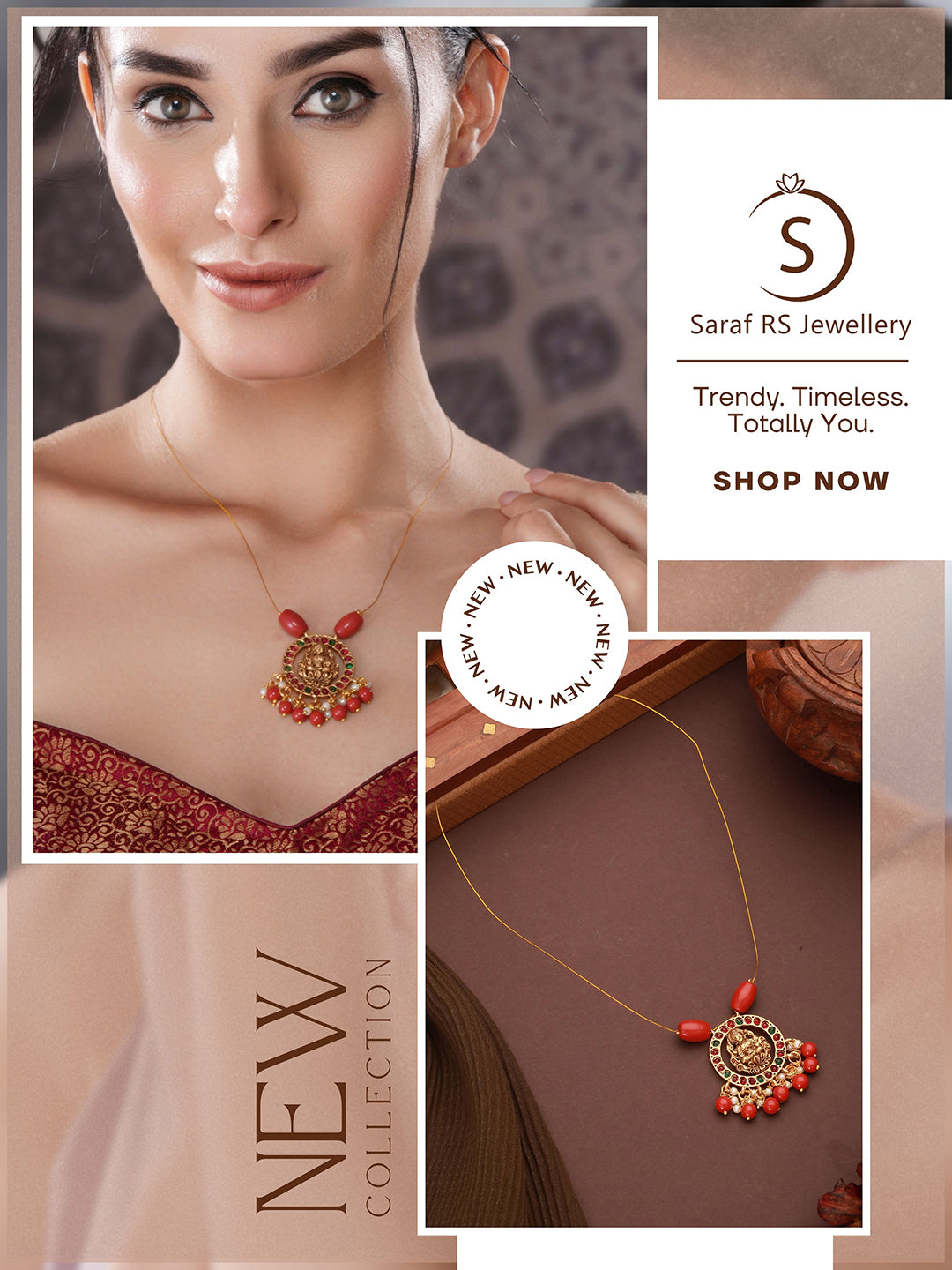 Gold Plated Coral Beaded Temple  Lakshmiji Minimal Invisible Necklace & Chain