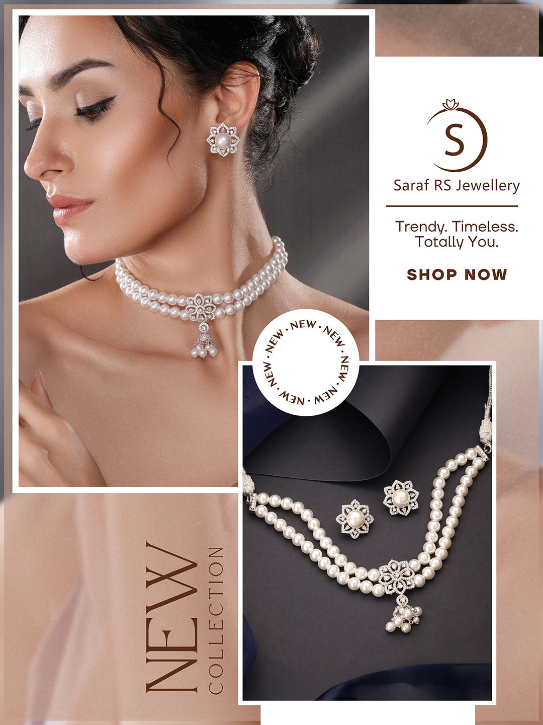 White Rhodium  Cubic Zirconia 2 Layered Pearl Beaded Statement Necklace Jewellery Set