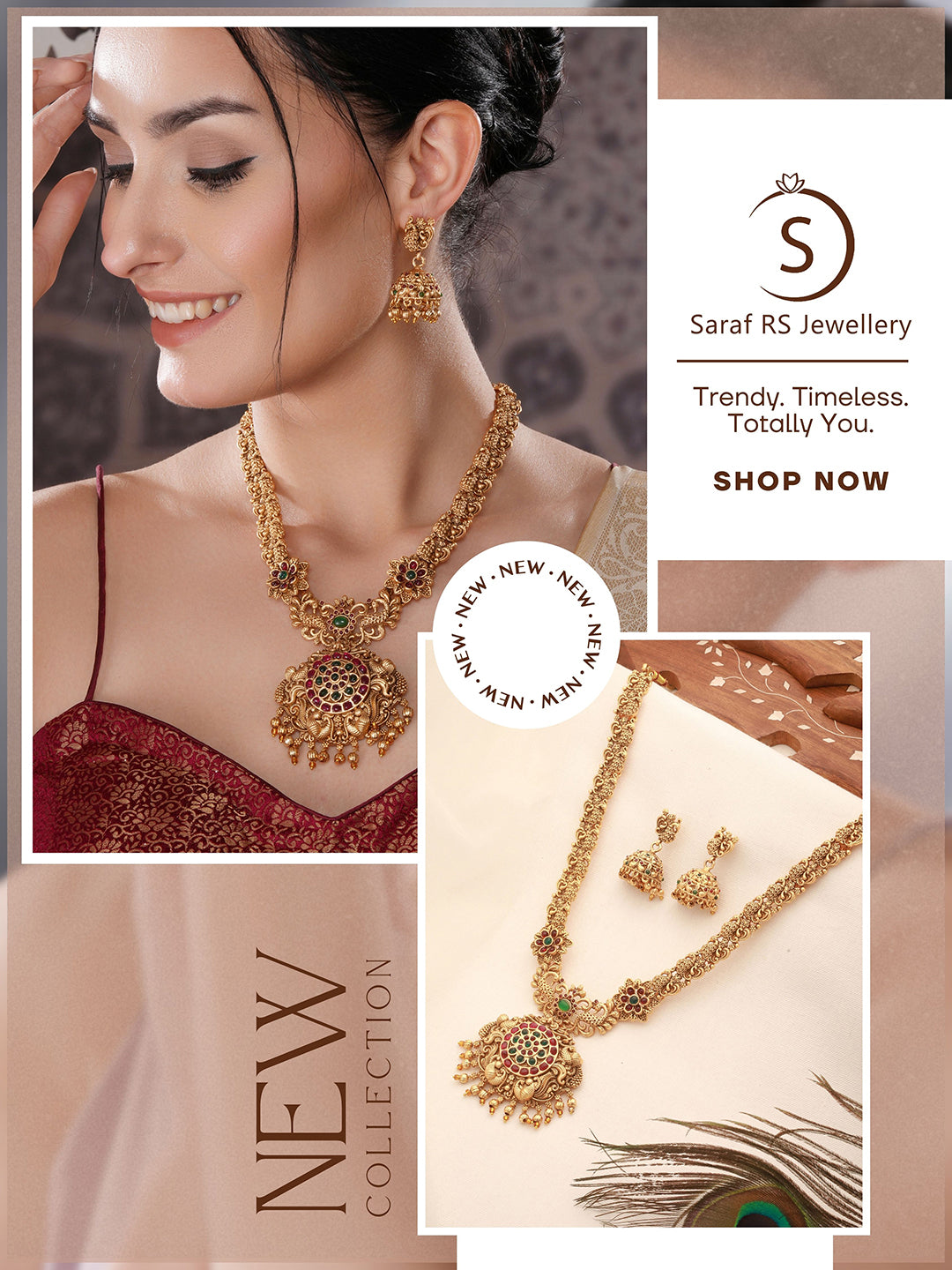 Antique Gold Plated Red & Green Kempo Temple Floral Peacock Long Haram Jhumka Jewellery Set