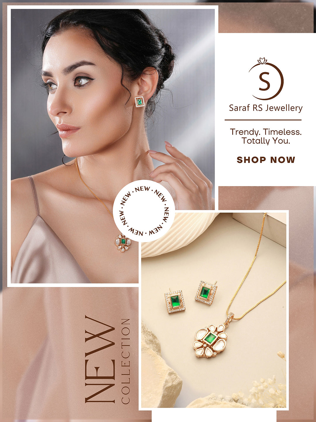 Gold Toned Green Emerald Kundan Studded Floral Locket Pendant Jewellery Set