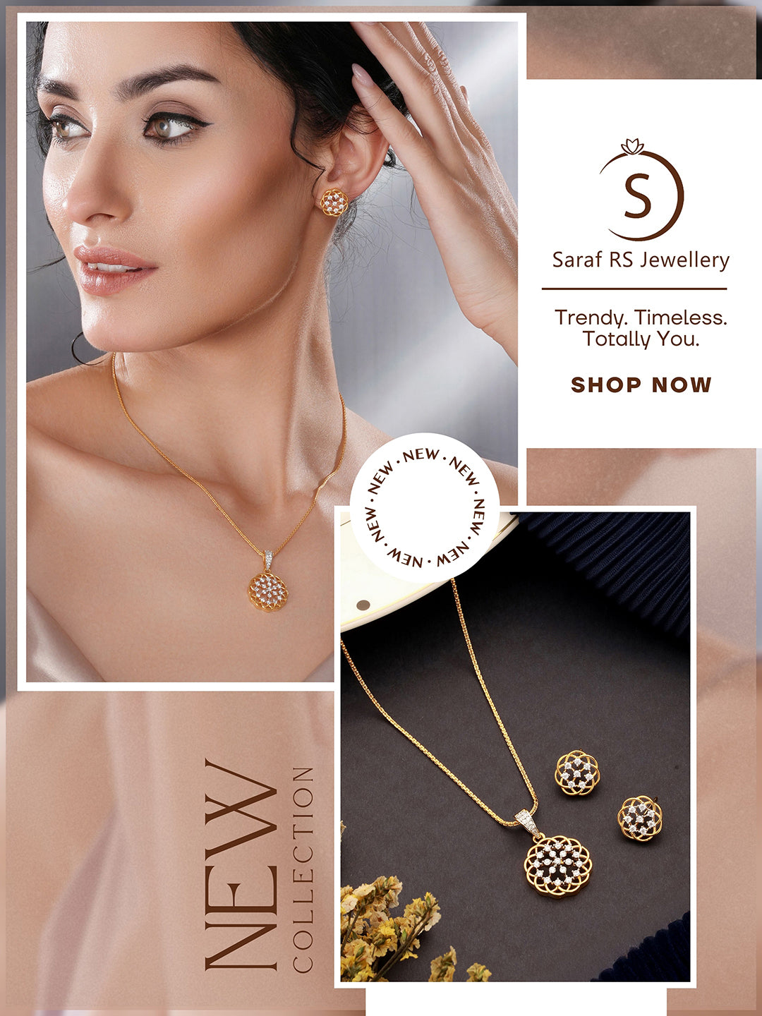 Gold Toned Cubic Zircon Studded Floral  Designer Minimal Locket Pendant Jewellery Set