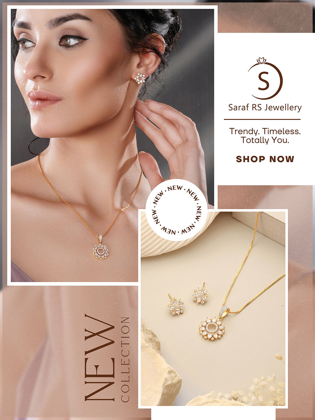 Gold Toned Cubic Zircon Studded Halo Designer Minimal Locket Pendant Jewellery Set