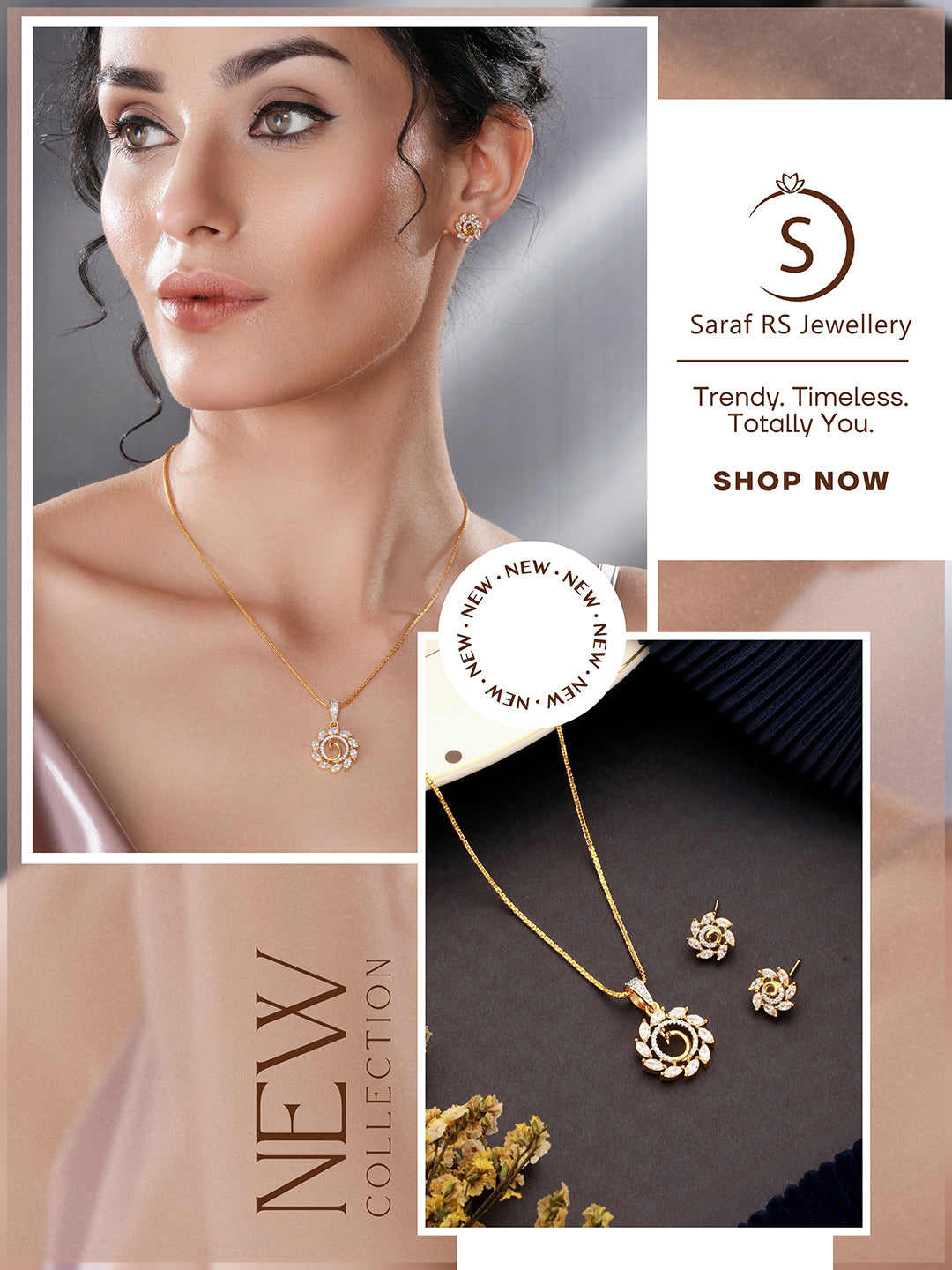 Gold Toned Cubic Zircon Studded Floral Peacock Design Minimal Locket Pendant jewellery Set