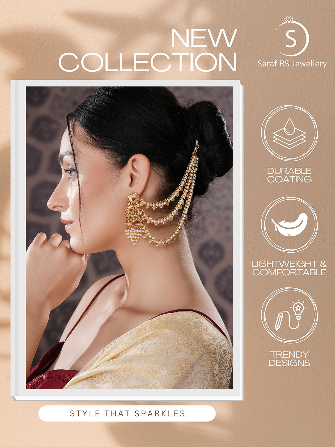 Gold Plated Kemp Stone Studded 3 Layered Pearl Lakshmi ji Design Temple Matil With Earchain Earrings