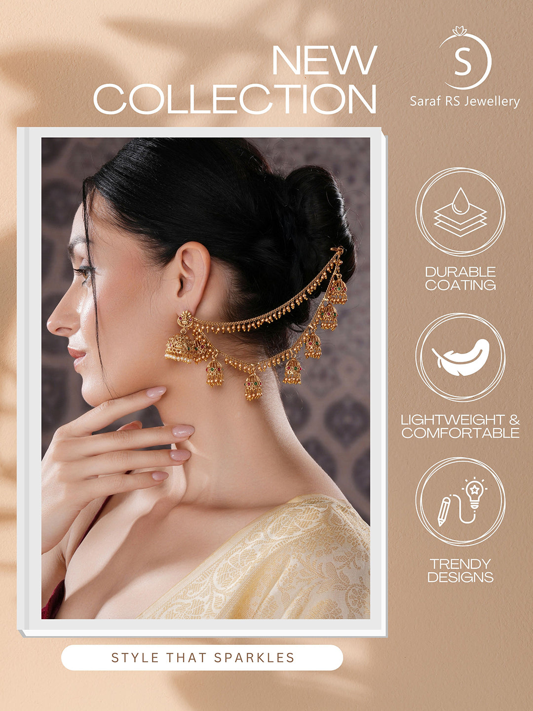 Gold Plated Double Layered Pearls Matil  Jhumka Design Champaswaralu  Temple  Ear Chain Earrings