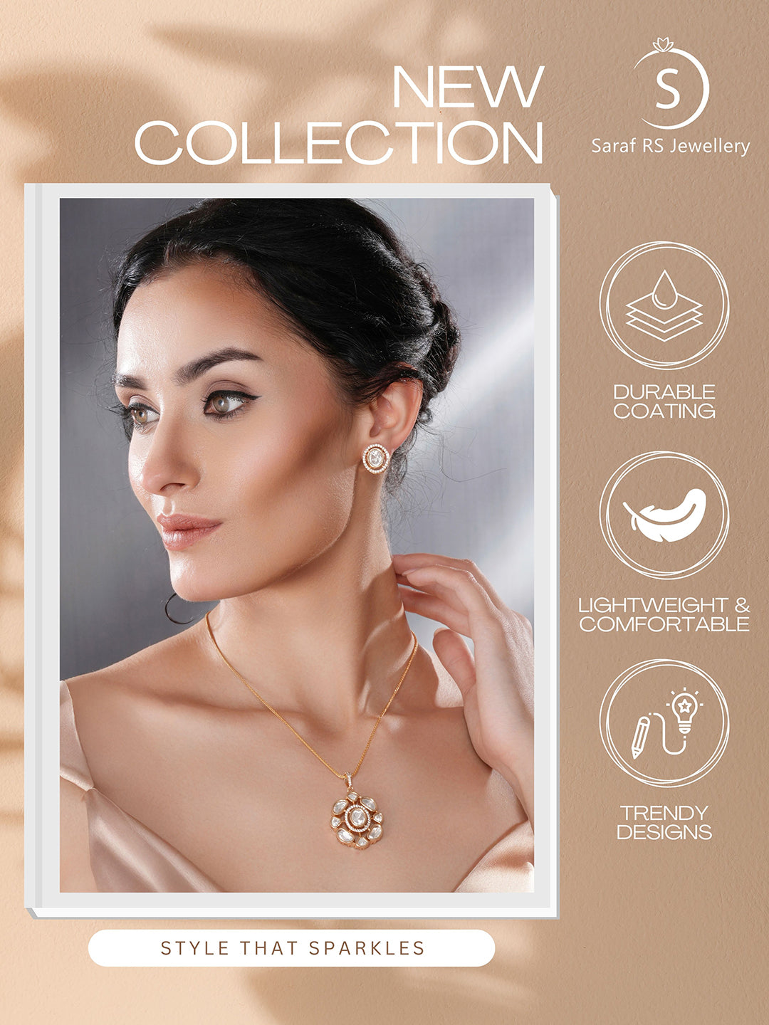 Gold Plated White Kundan Polki Studded Floral Minimal Locket Pendant Jewellery Set