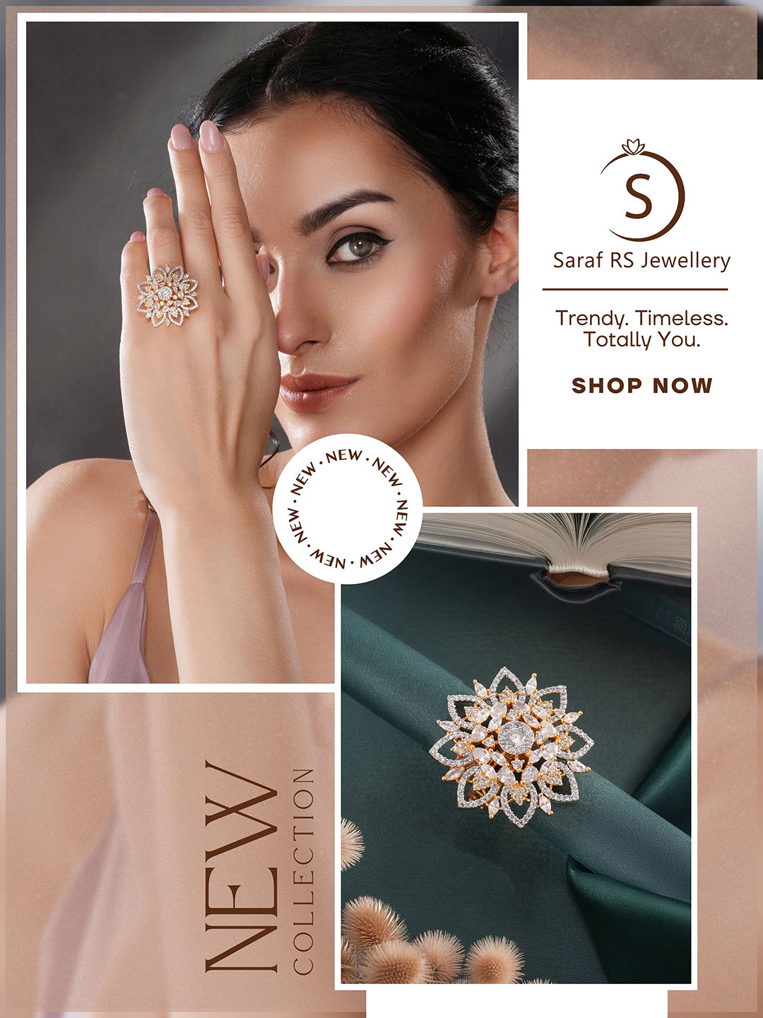 Gold Plated Zircon  Studded 3 D Effect Adjustable  Floral Engagement Cocktail Finger Ring