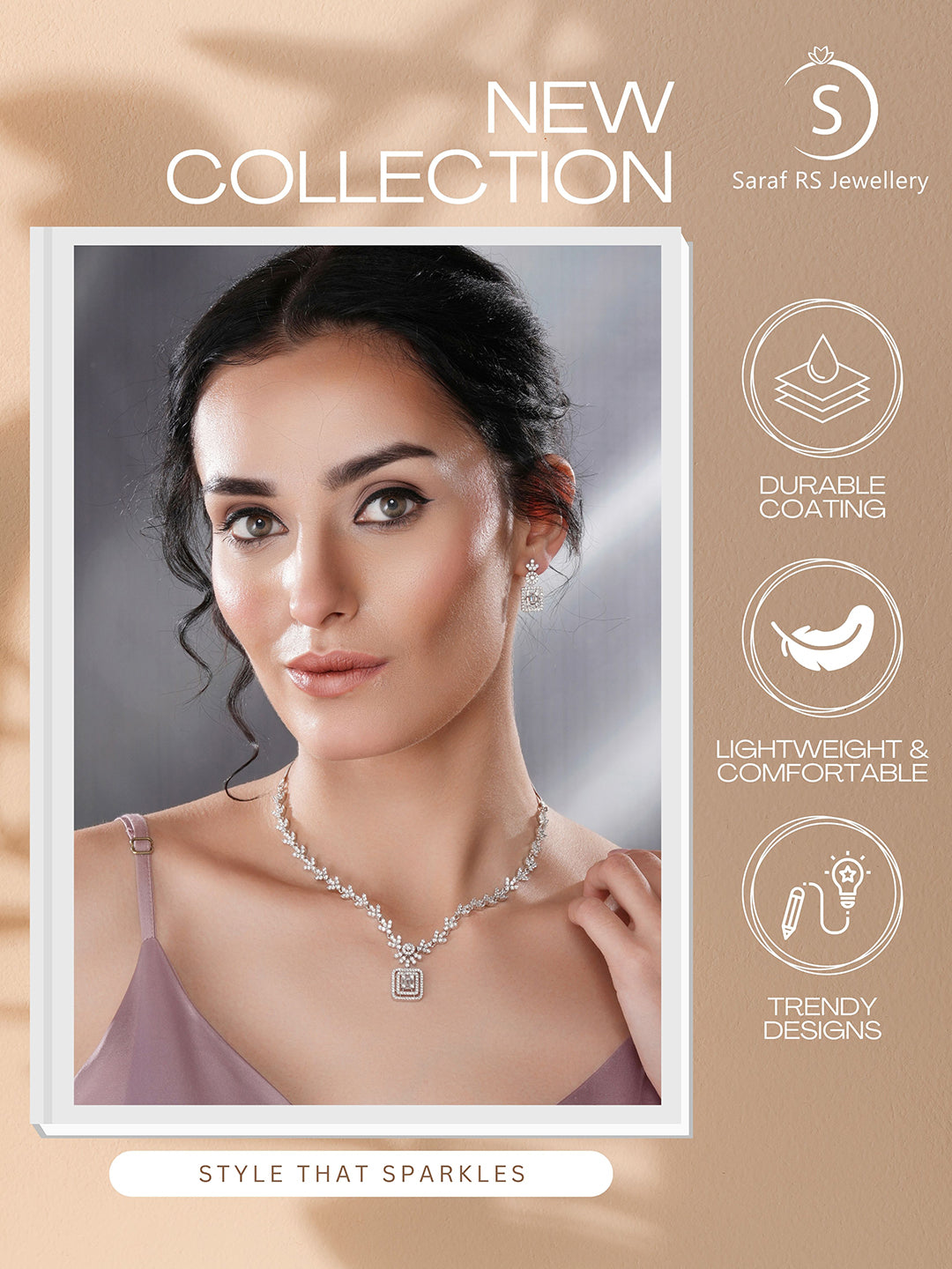 White Rhodium Cubic  Zircon Studded Delicate Square Pendant  Necklace Jewellery  Set