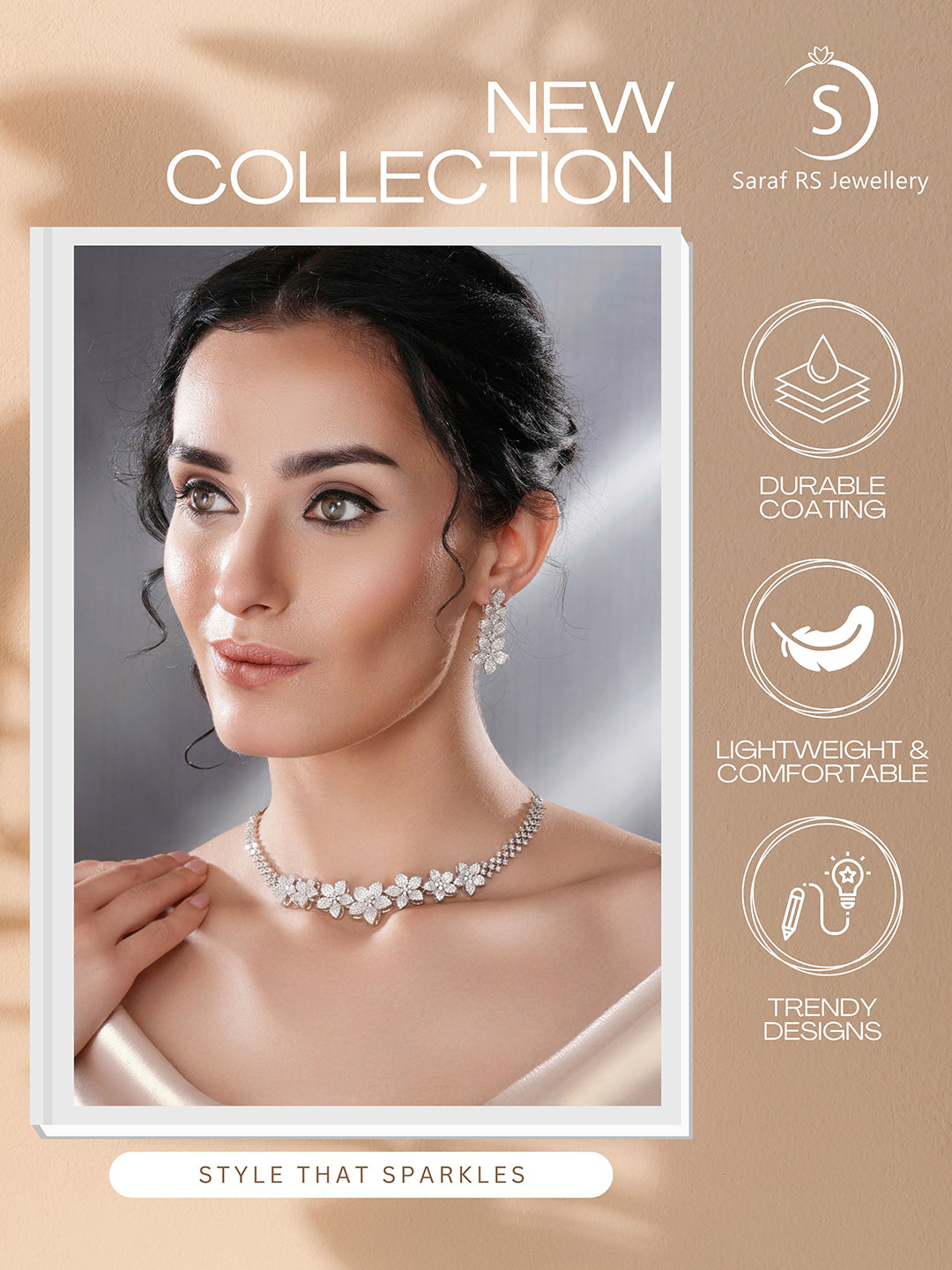 White Rhodium Plated Cubic Zircon Studded Statement Floral Luxe Necklace Jewellery Set