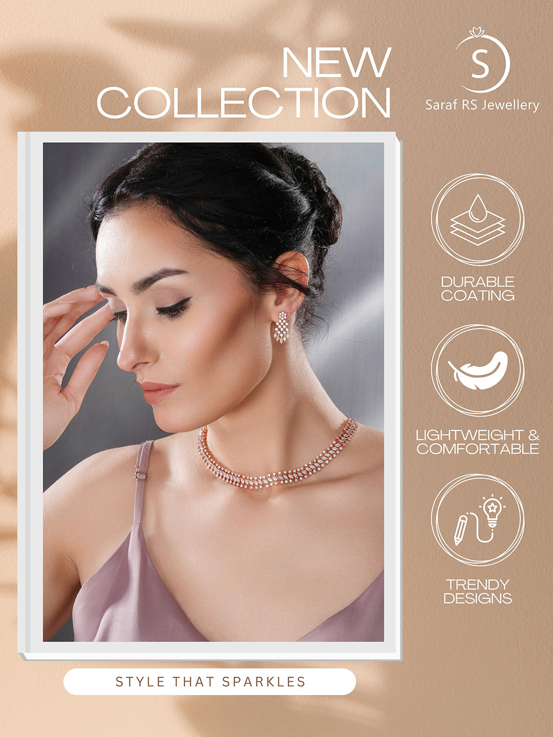 Rose Gold Plated Cubic Zircon Studded Statement Choker Necklace Jewellery Set