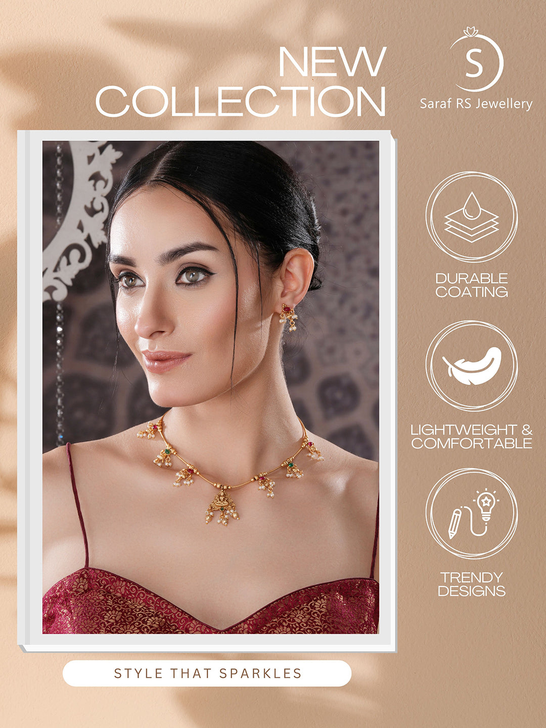 Gold Plated Ball Chain Kempo Studded Lakshmiji Pendant Minimal Jewellery Set