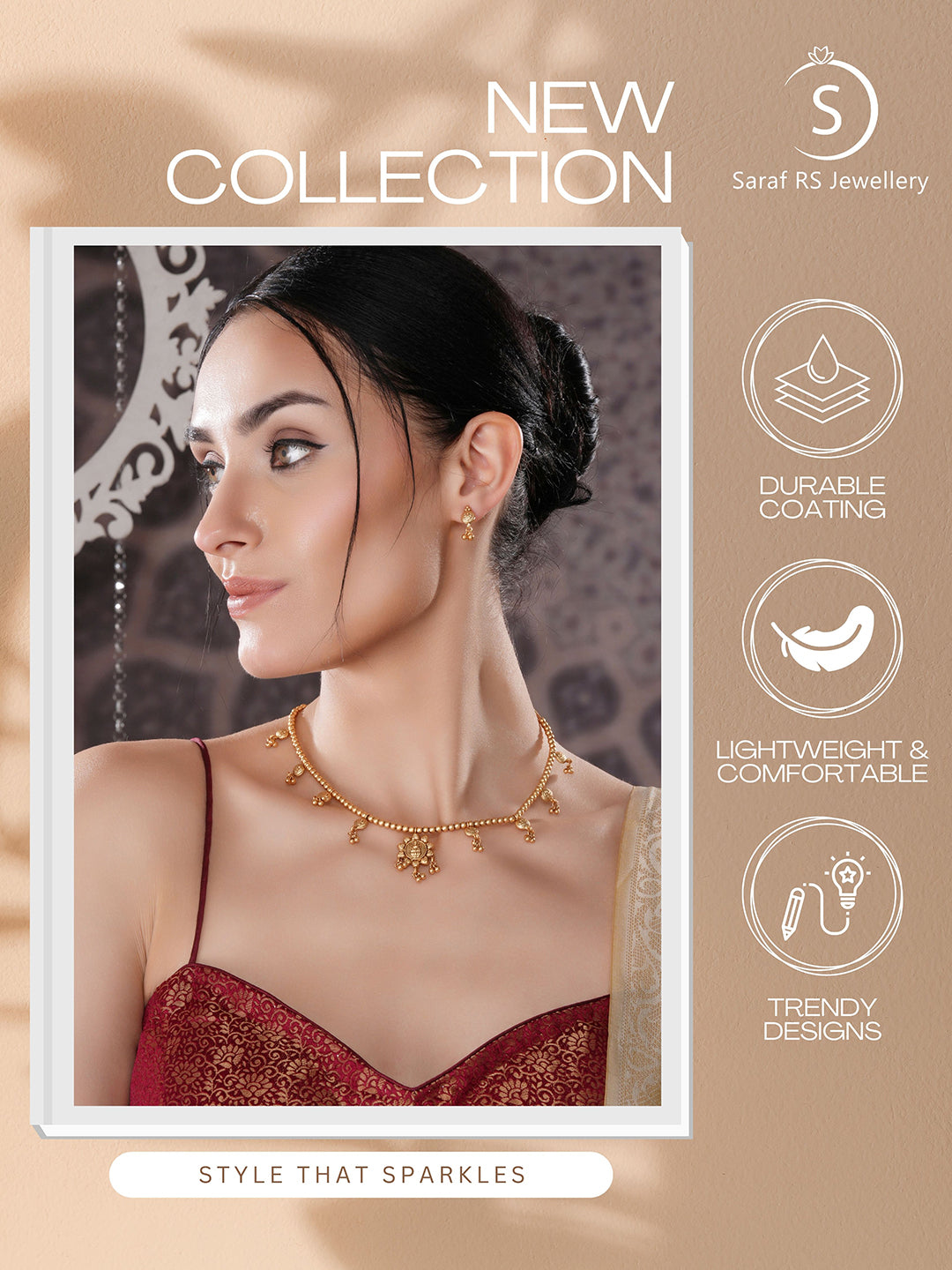 Gold Plated Gold Beads Delicate Temple Goddess Lakshmi Pendant  Minimal Jewellery Set