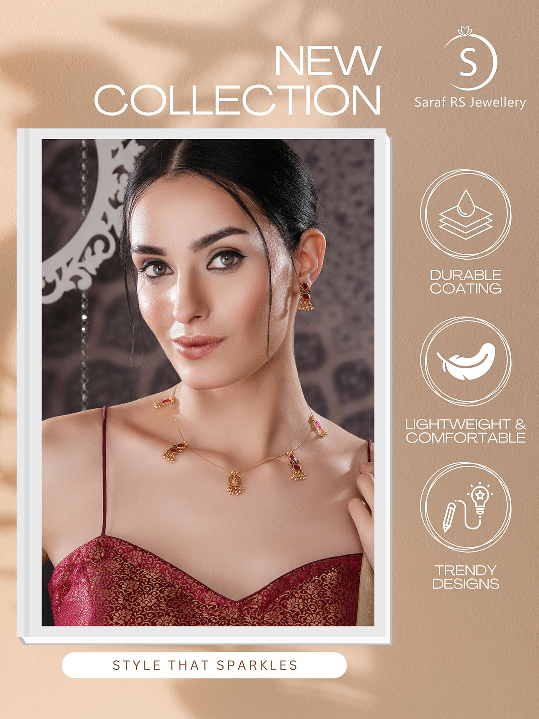 Gold Plated Enamelled  Invisible Chain Delicate Temple Goddess Lakshmi Pendant Minimal  Jewellery Set