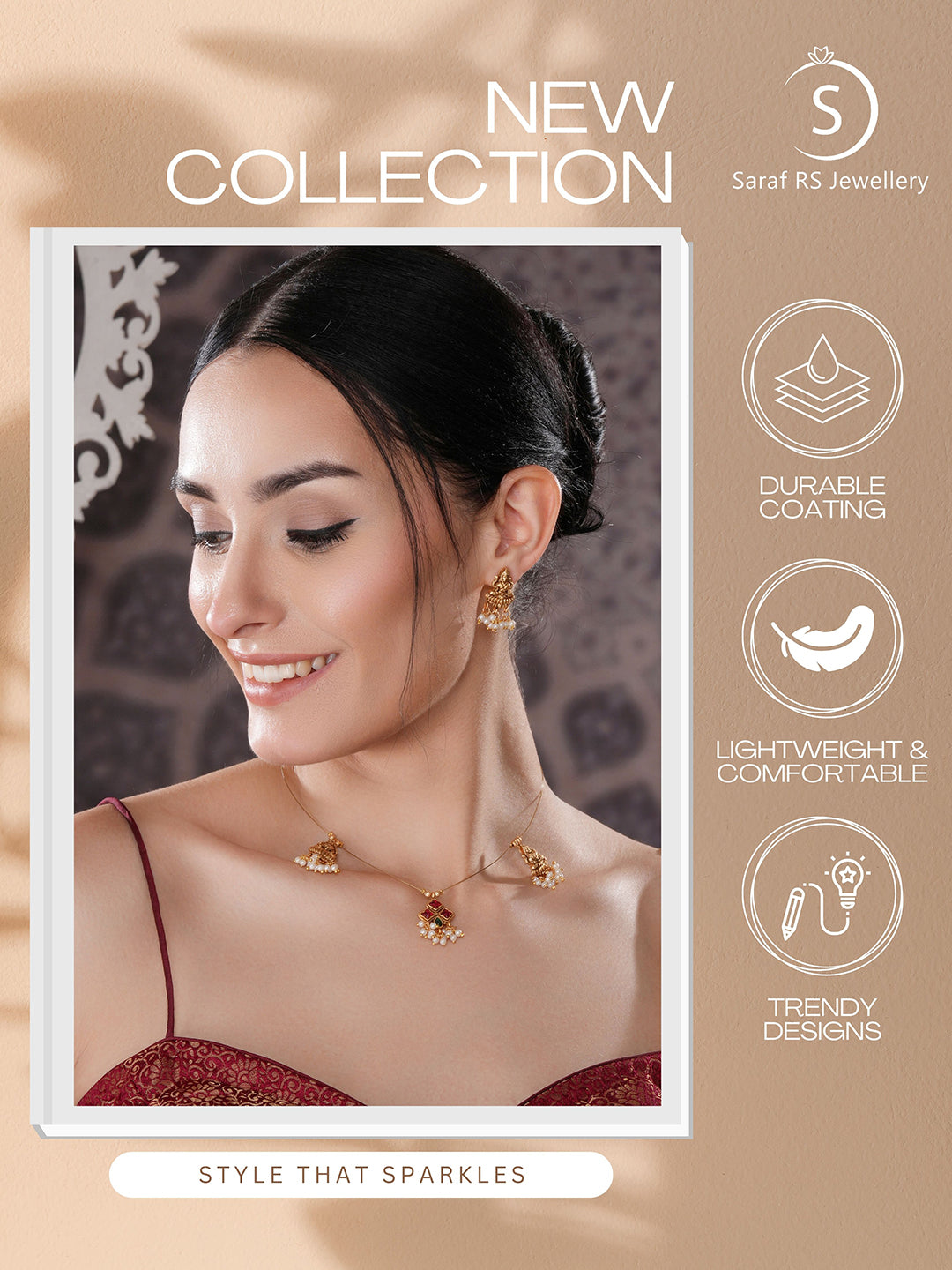 Gold Plated Pearl Beaded Invisible Chain  Temple Goddess Lakshmi Motif Pendant Jewellery Set