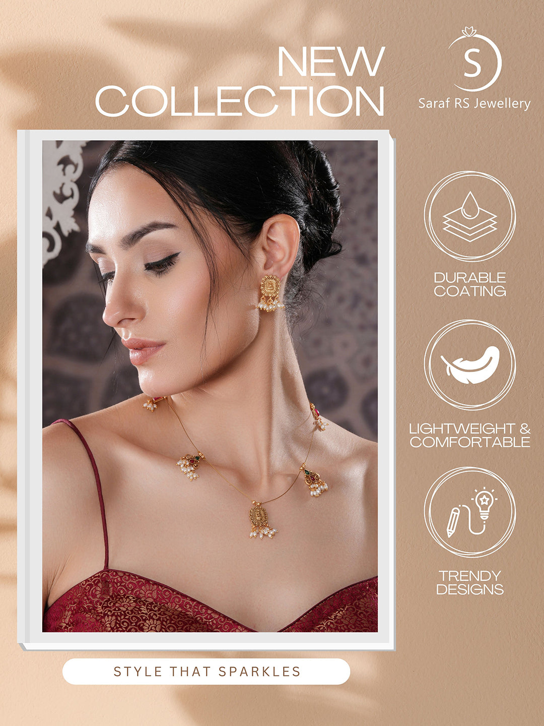 Gold Plated Pearl Beaded Invisible Chain Temple Lakshmi Motif Pendant Jewellery Set