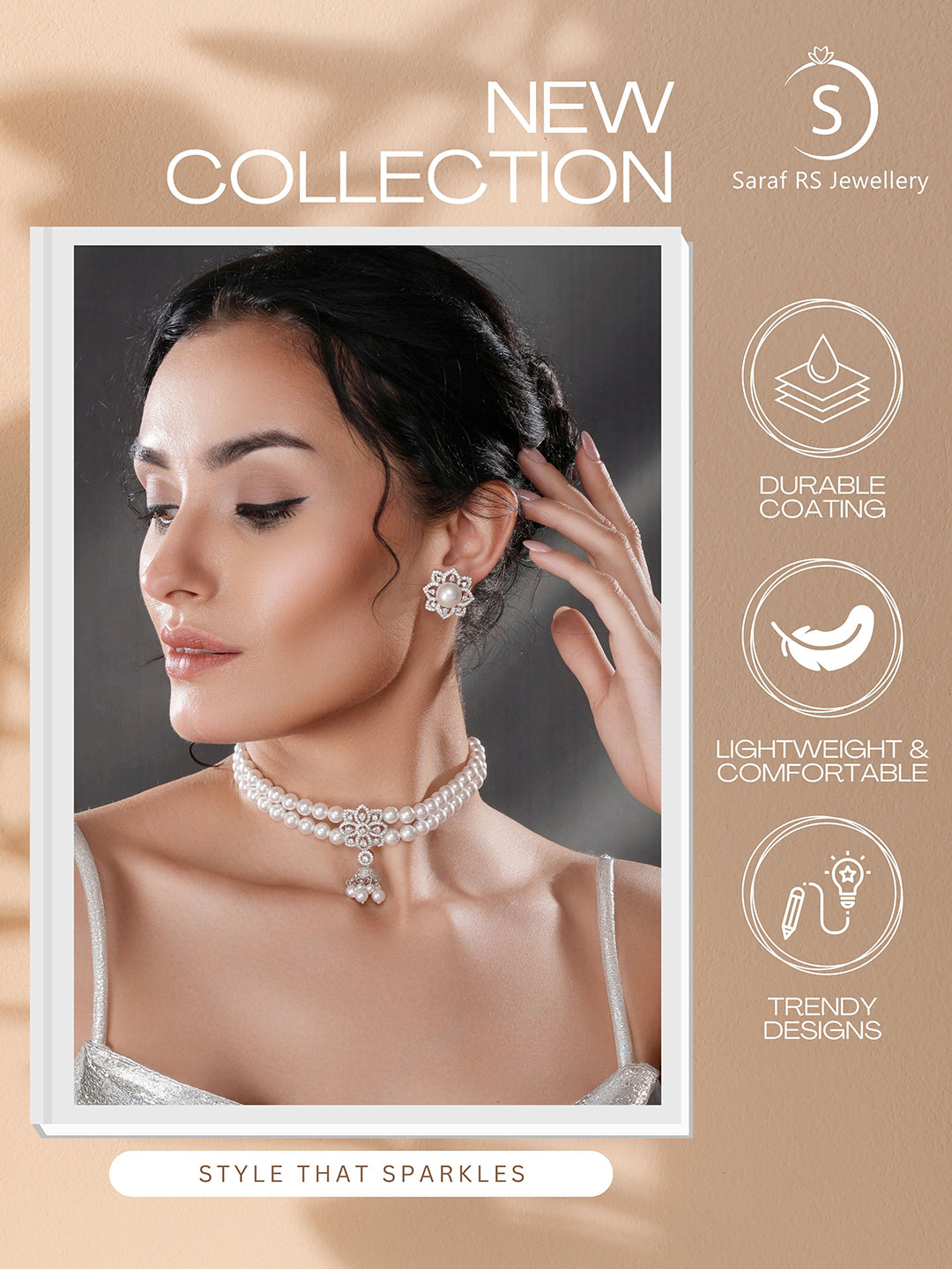 White Rhodium  Cubic Zirconia 2 Layered Pearl Beaded Statement Necklace Jewellery Set