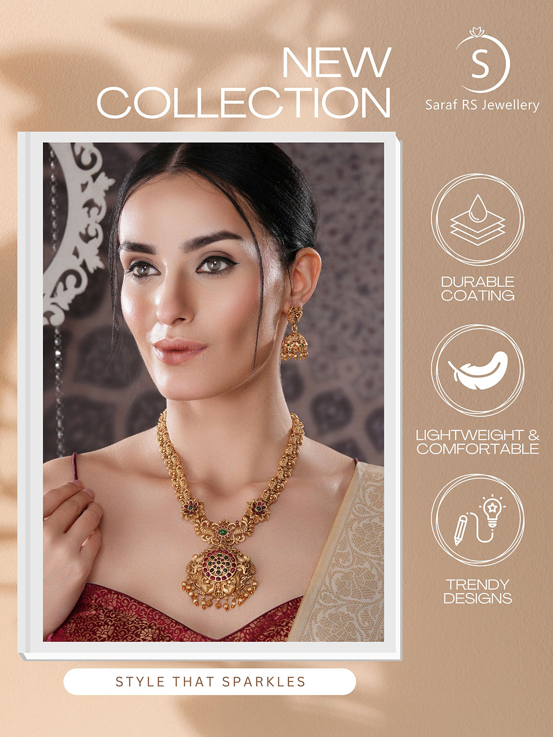 Antique Gold Plated Red & Green Kempo Temple Floral Peacock Long Haram Jhumka Jewellery Set