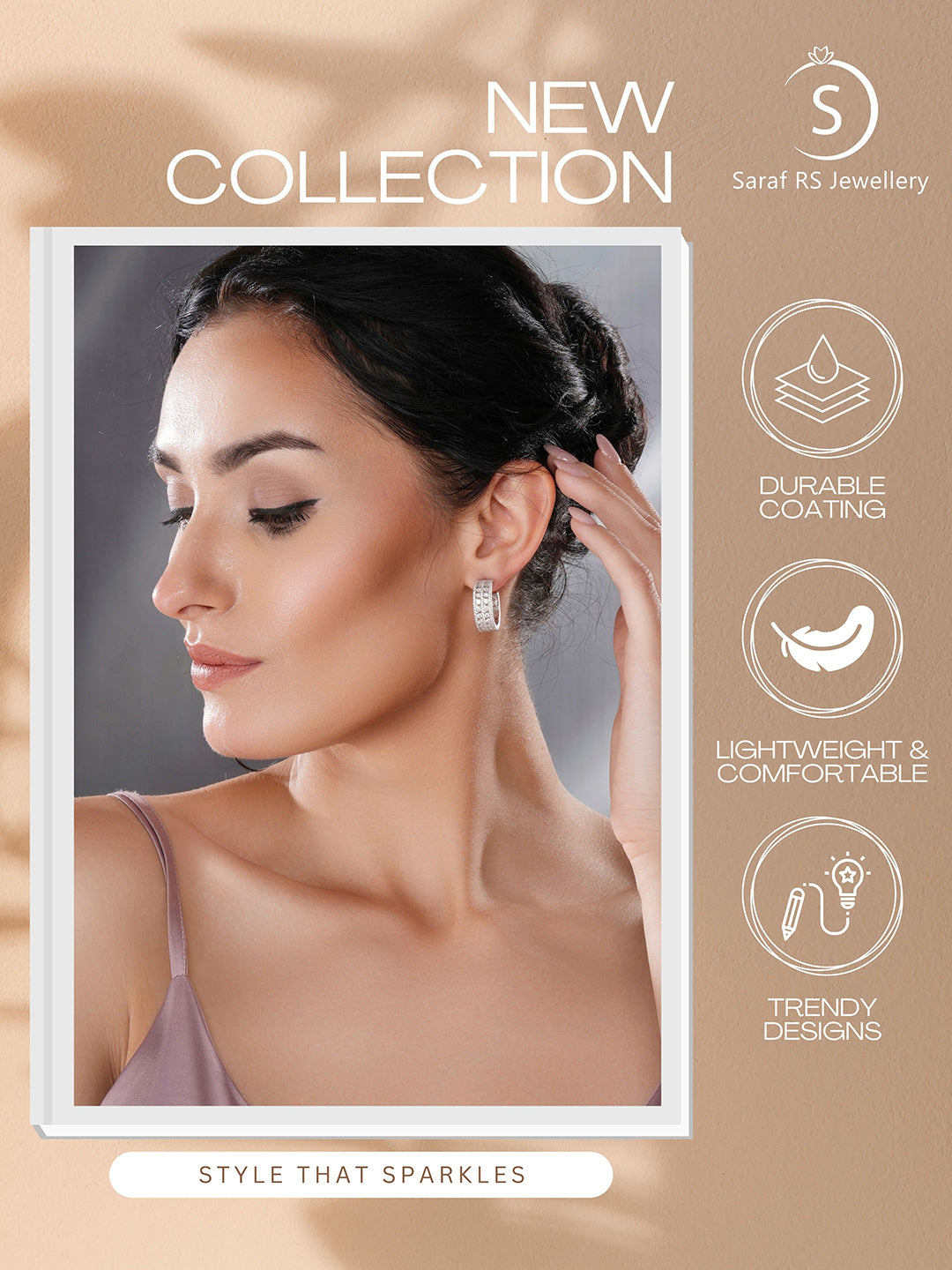 White Rhodium AD Studded C Shaped Minimal  Bali Studds Earrings