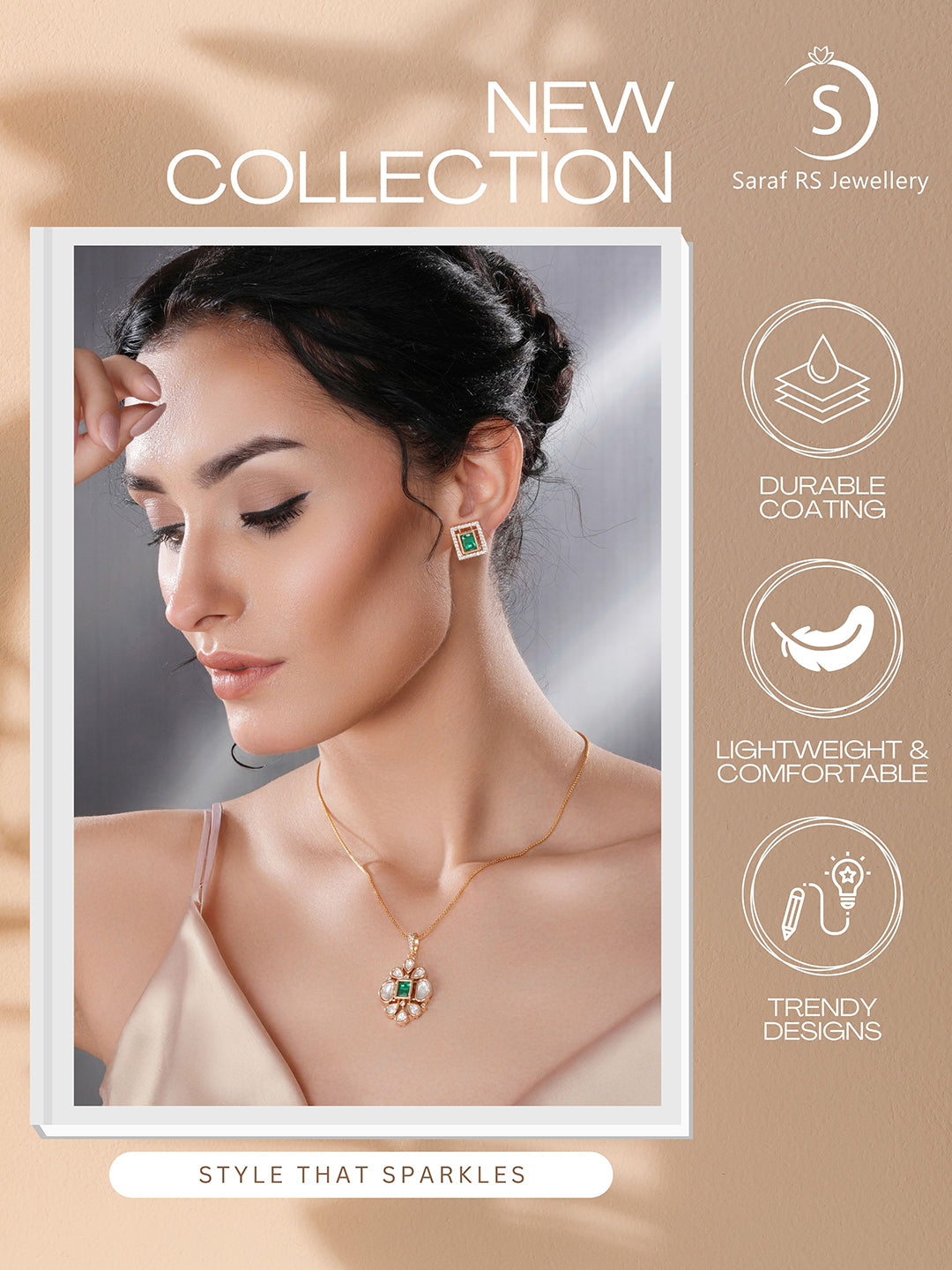 Gold Toned Green Emerald Kundan Studded Floral Locket Pendant Jewellery Set