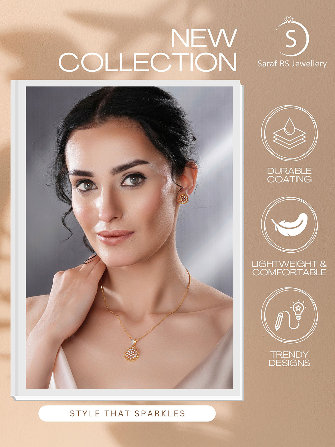 Gold Toned Cubic Zircon Studded Floral  Designer Minimal Locket Pendant Jewellery Set