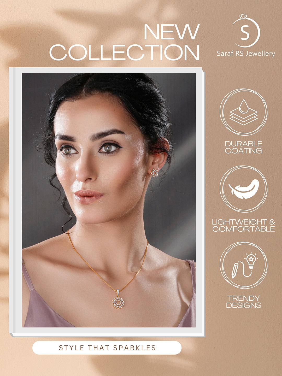 Gold Toned Cubic Zircon Studded Halo Designer Minimal Locket Pendant Jewellery Set