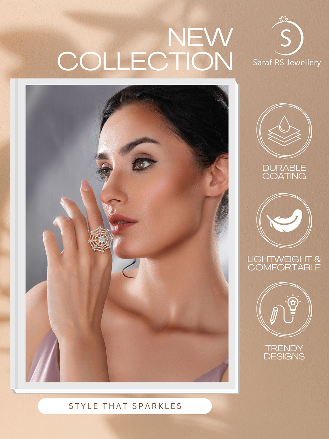 Gold Plated Zircon  Studded 3 D Effect Adjustable Cocktail Finger Ring