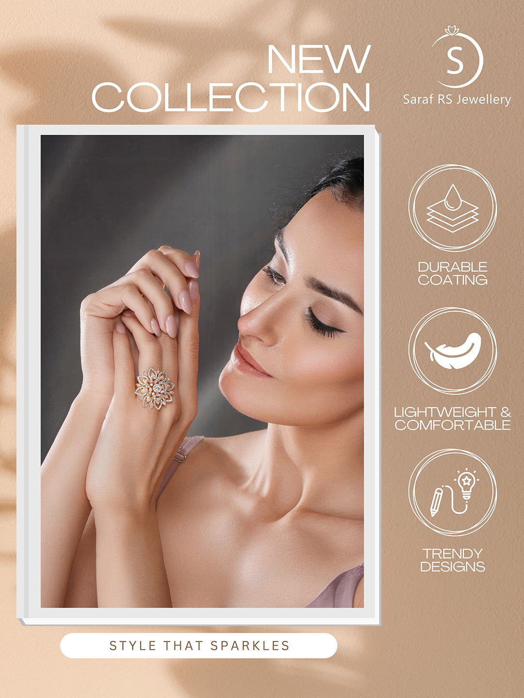 Gold Plated Zircon  Studded 3 D Effect Adjustable  Floral Engagement Cocktail Finger Ring