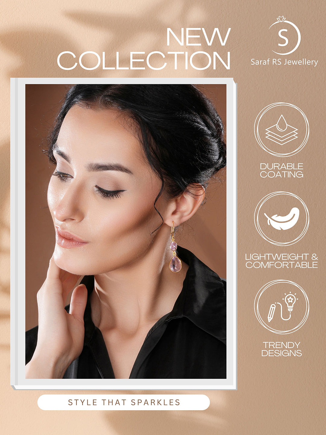 Gold Toned Blush Pink Cyrstal tear drop dangler shaped minimal Earrings