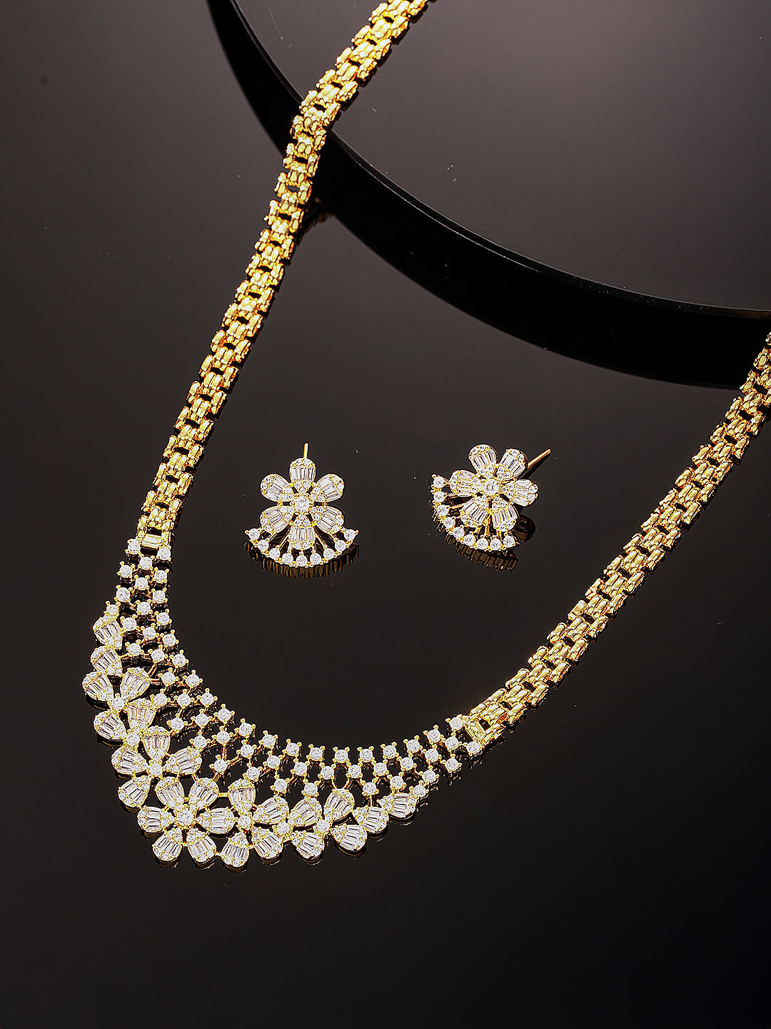 Gold Plated White AD Zircon Studded Long Haram Chain Jewellery Set