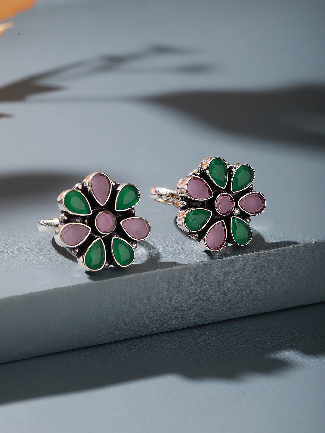 Silver Toned Red & Green Crystal Stones Handcrafted  Floral Toe Ring