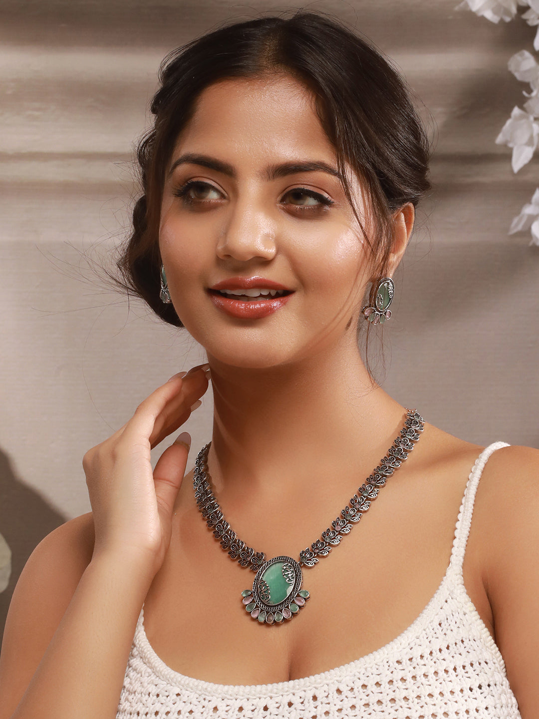 Silver Oxidised Mint Stone Studded Floral Designer Long Haram Necklace Jewellery Set