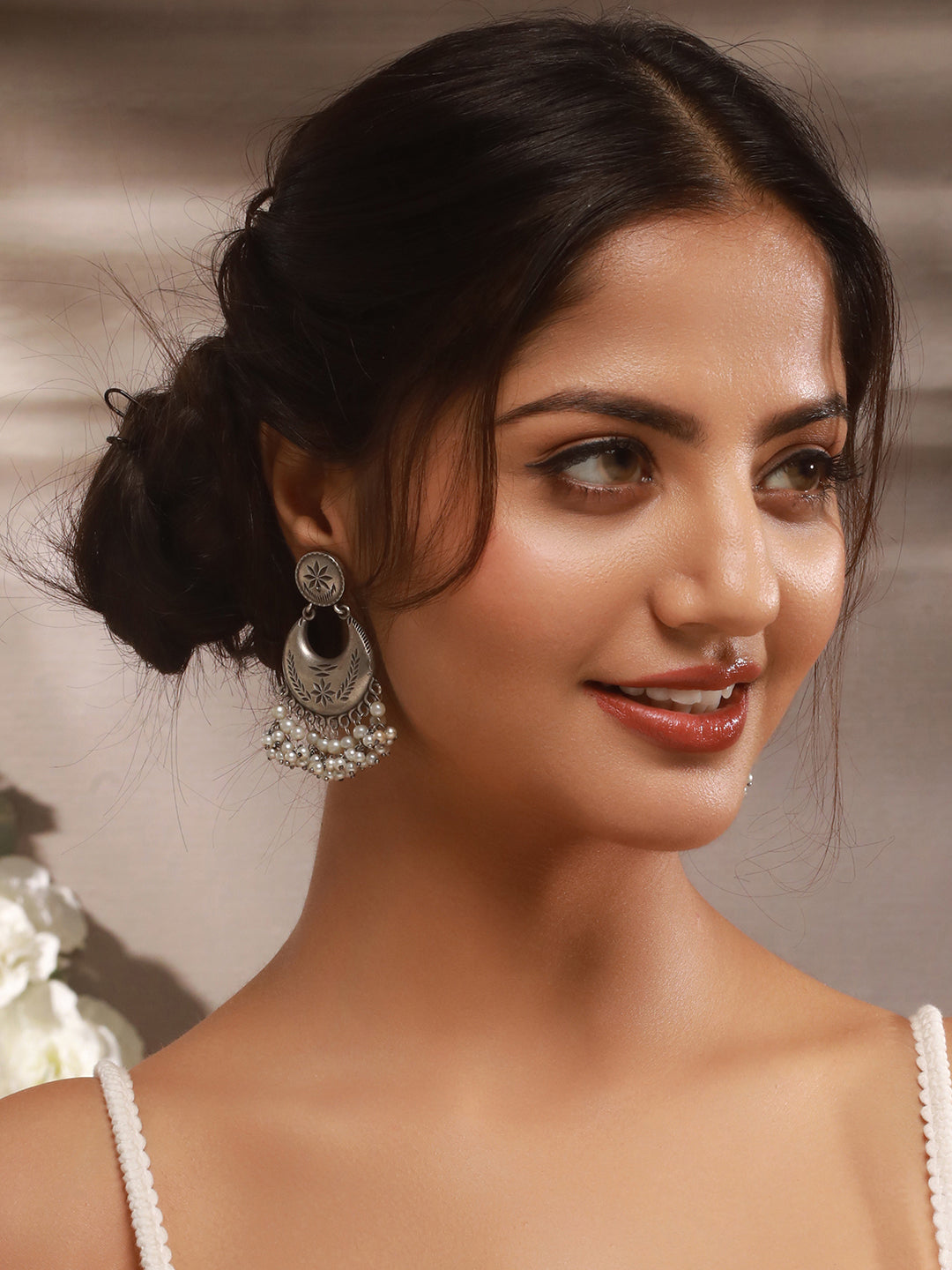 Oxidised Silver Lookalike Pearl Beaded Tribal  Lightweight Chandbali Earrings