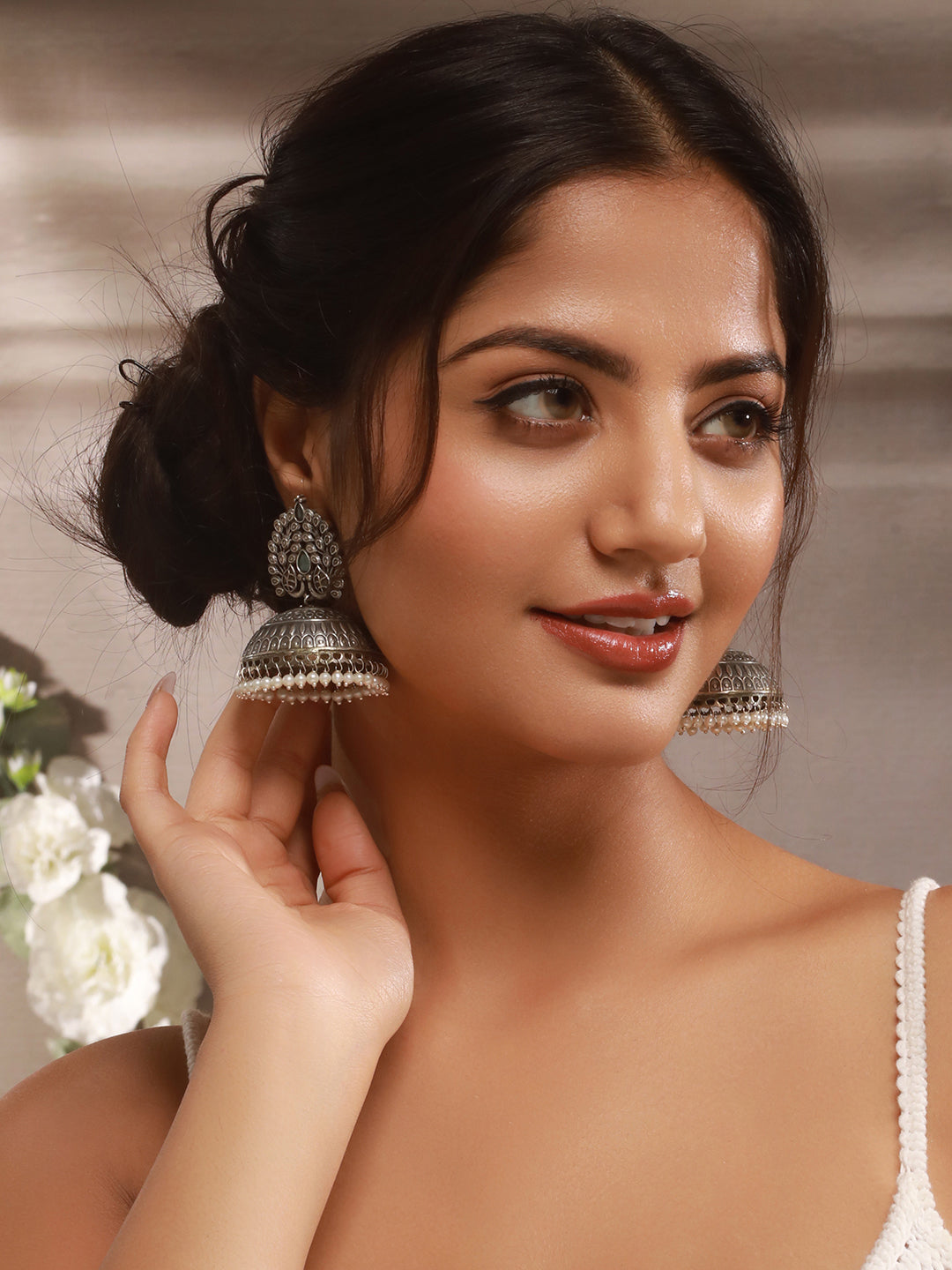 Silver Oxidised Pearl Beaded  Filigree Tribal Large Jhumka Earrings