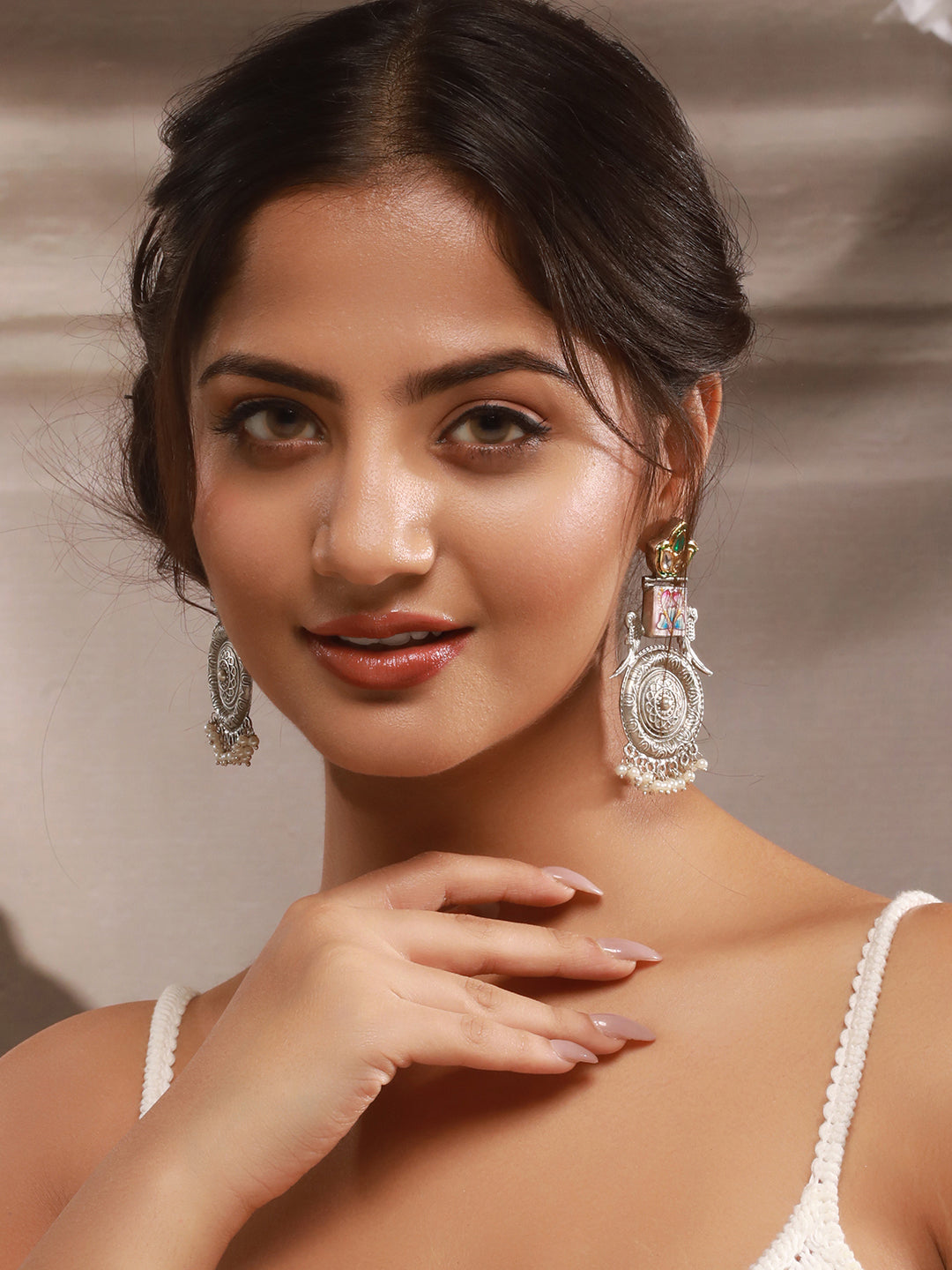 Silver Oxidised Kundan Studded & Enamelled Fusion Statement Long Earrings