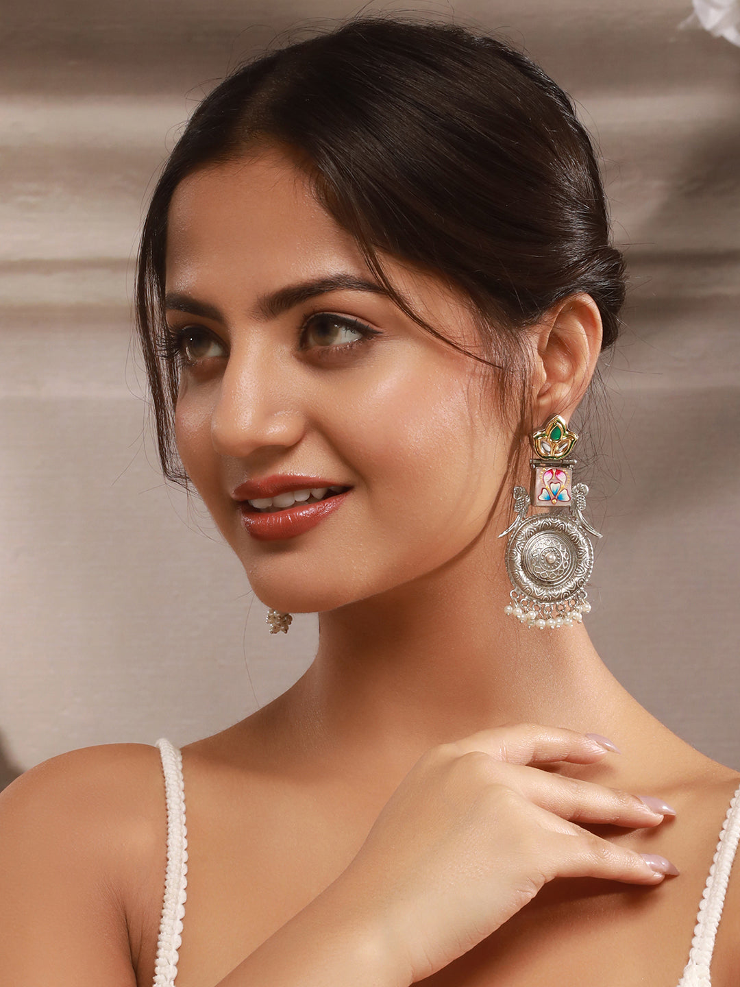 Silver Oxidised Kundan Studded & Enamelled Fusion Statement Long Earrings