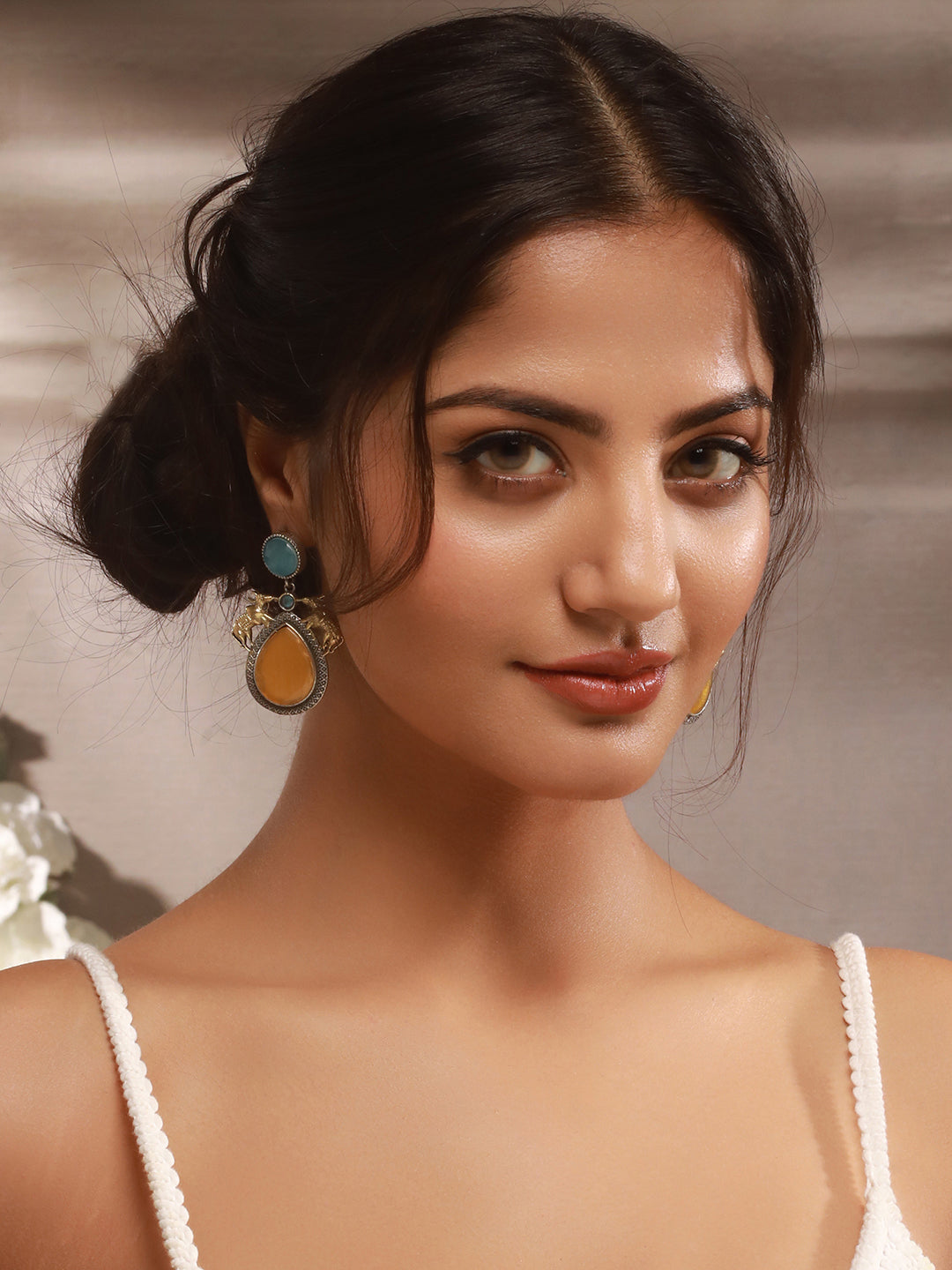 Silver Oxidised Yellow Stone Studded Bull Motif Statement Chandbali Earrings