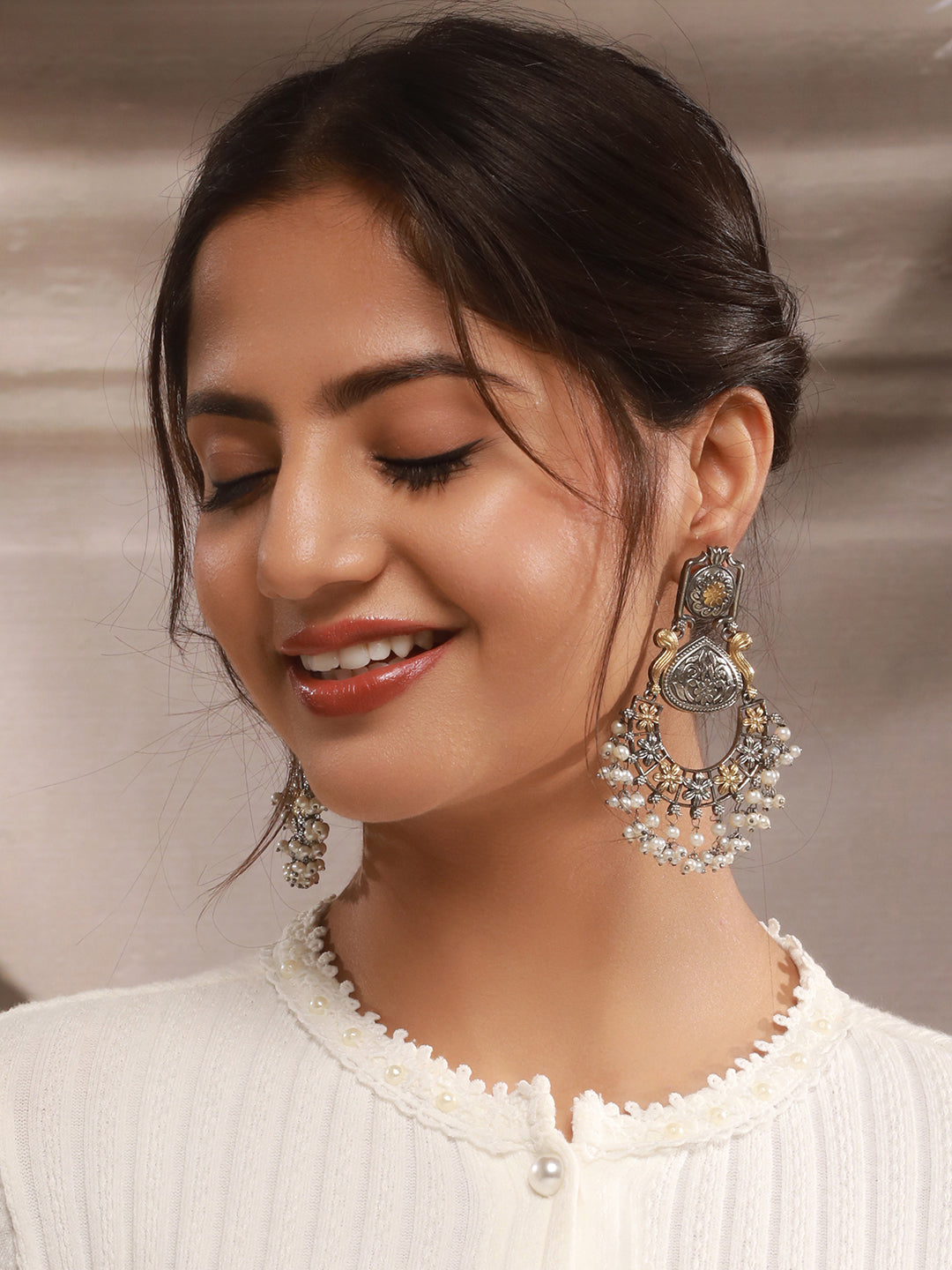 Silver Oxidised Dual Toned Pearl Beaded Floral Filigree Statement Chandbali Earrings