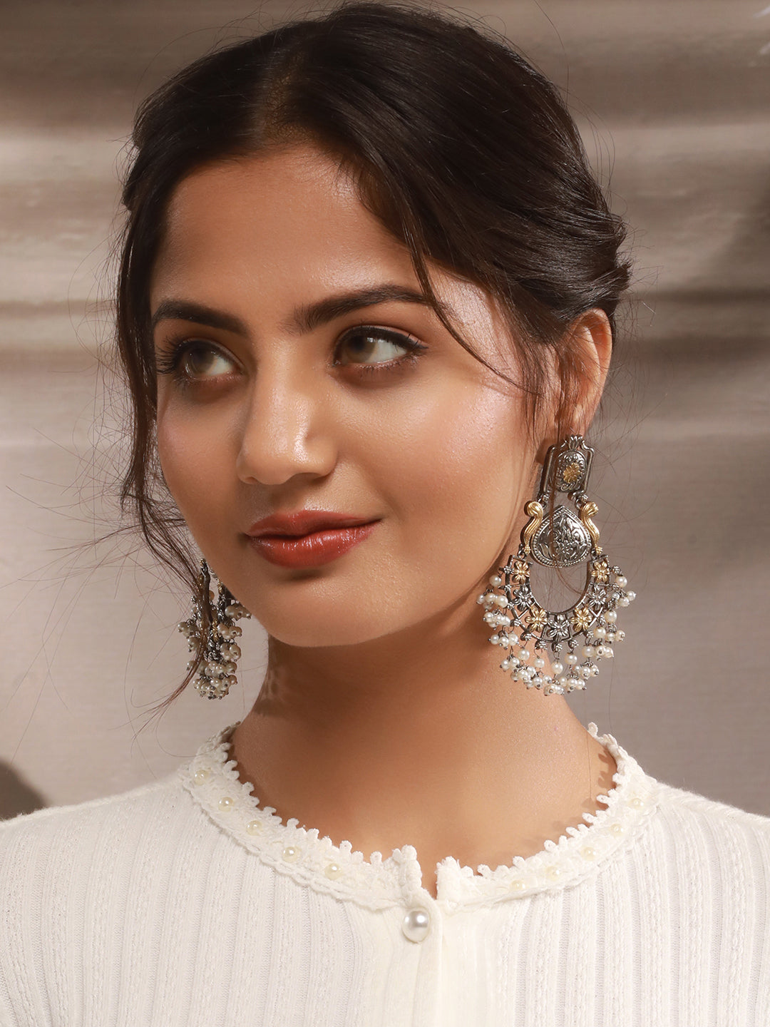 Silver Oxidised Dual Toned Pearl Beaded Floral Filigree Statement Chandbali Earrings