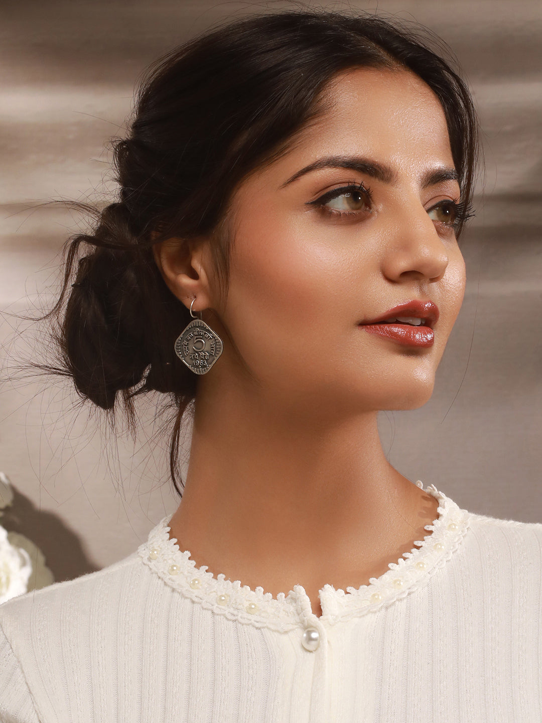 Oxidised Silver Lookalike 5 Paise Stamp Minimal Fishhook Earrings