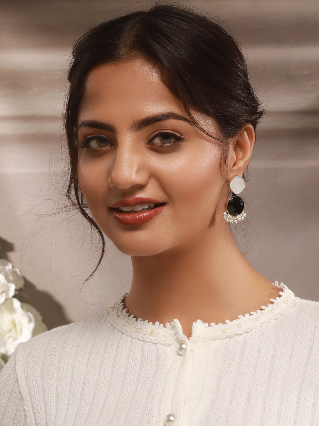 Silver Oxidised Black Stone Studded Pearl Beaded Minimal  Drop earrings